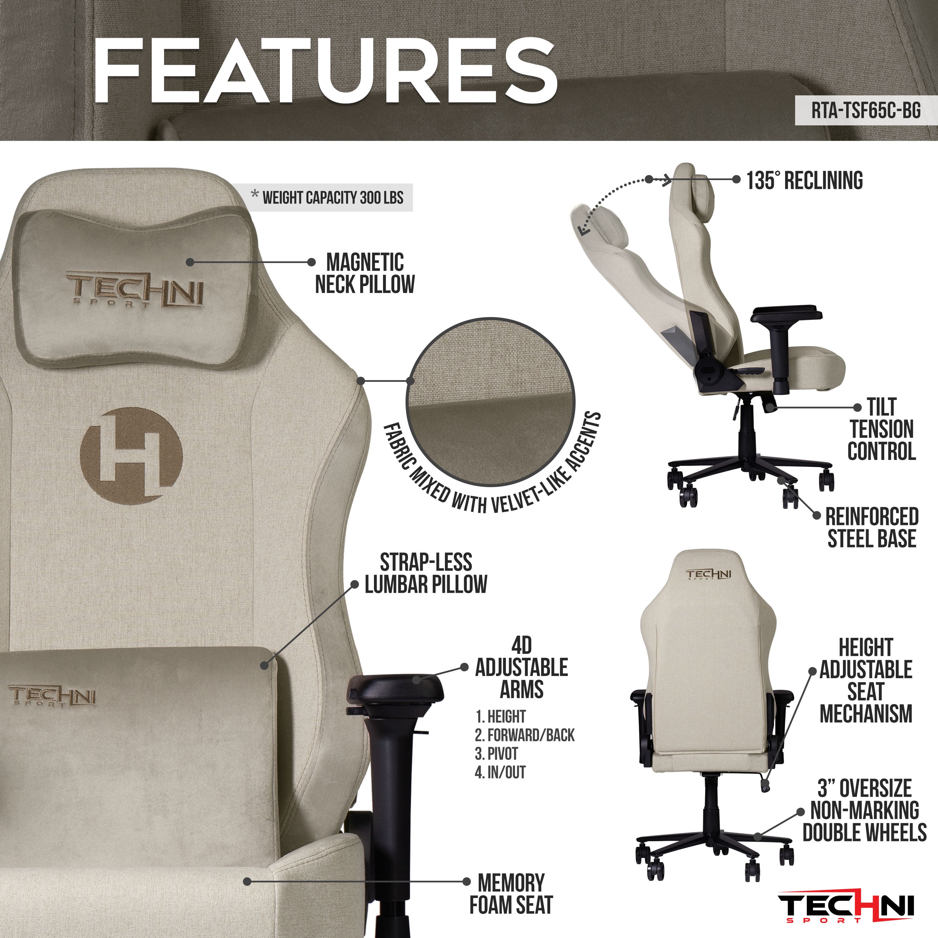 Techni Sport TSF65C Fabric Memory Foam Gaming Chair – Beige