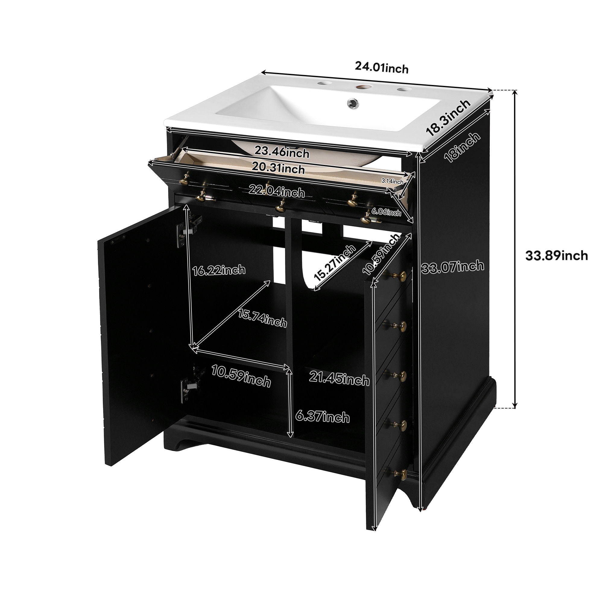 Bathroom Vanity With Drawer And Soft-Closing Doors, Sink Storage Cabinet For Small Spaces - Black