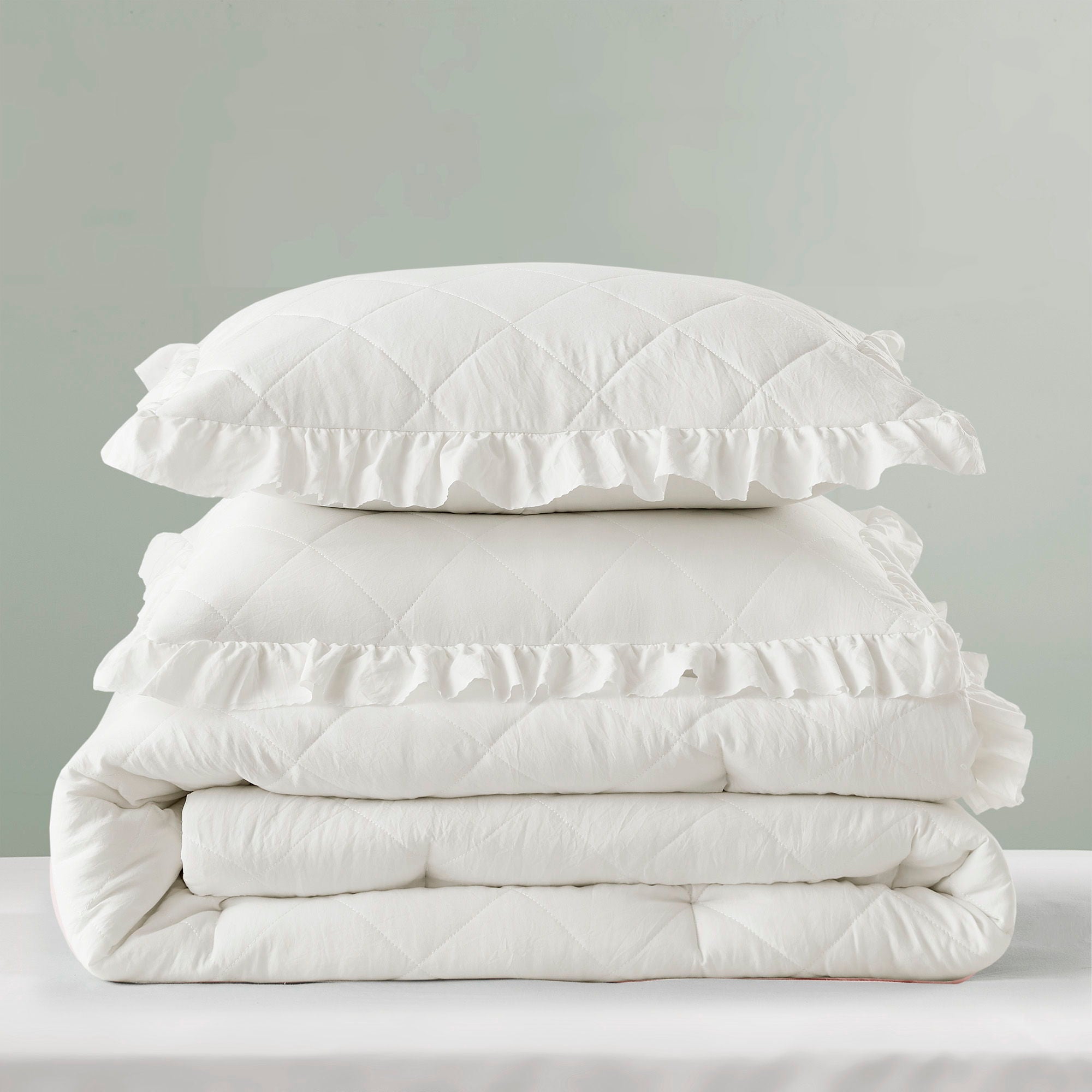 Phoebe - King/California King Diamond Quilted Ruffle Edge Comforter Set - Ivory