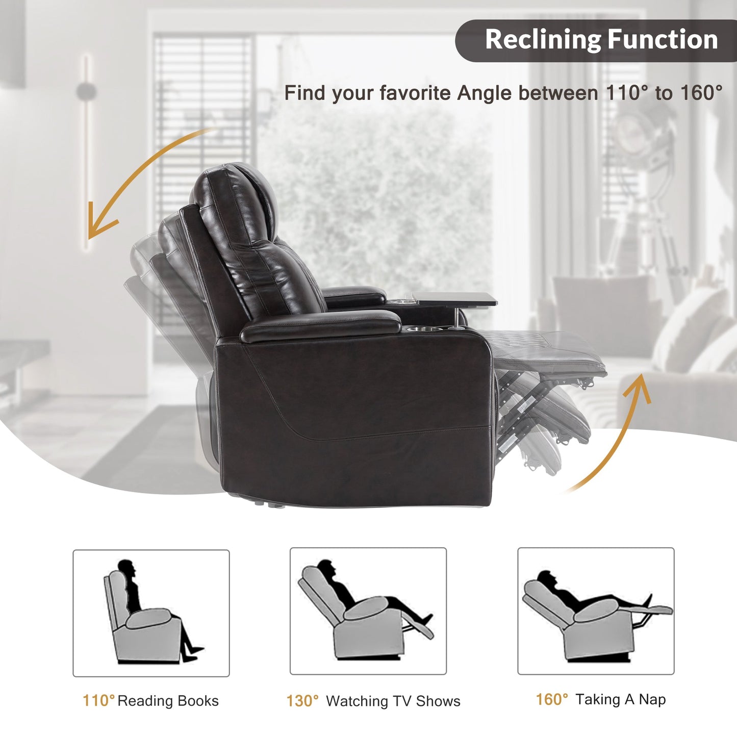 Power Motion Recliner with USB Charging Port and Hidden Arm Storage 2 Convenient Cup Holders Design and 360° Swivel Tray Table,Black(old sku: SG000630AAB)