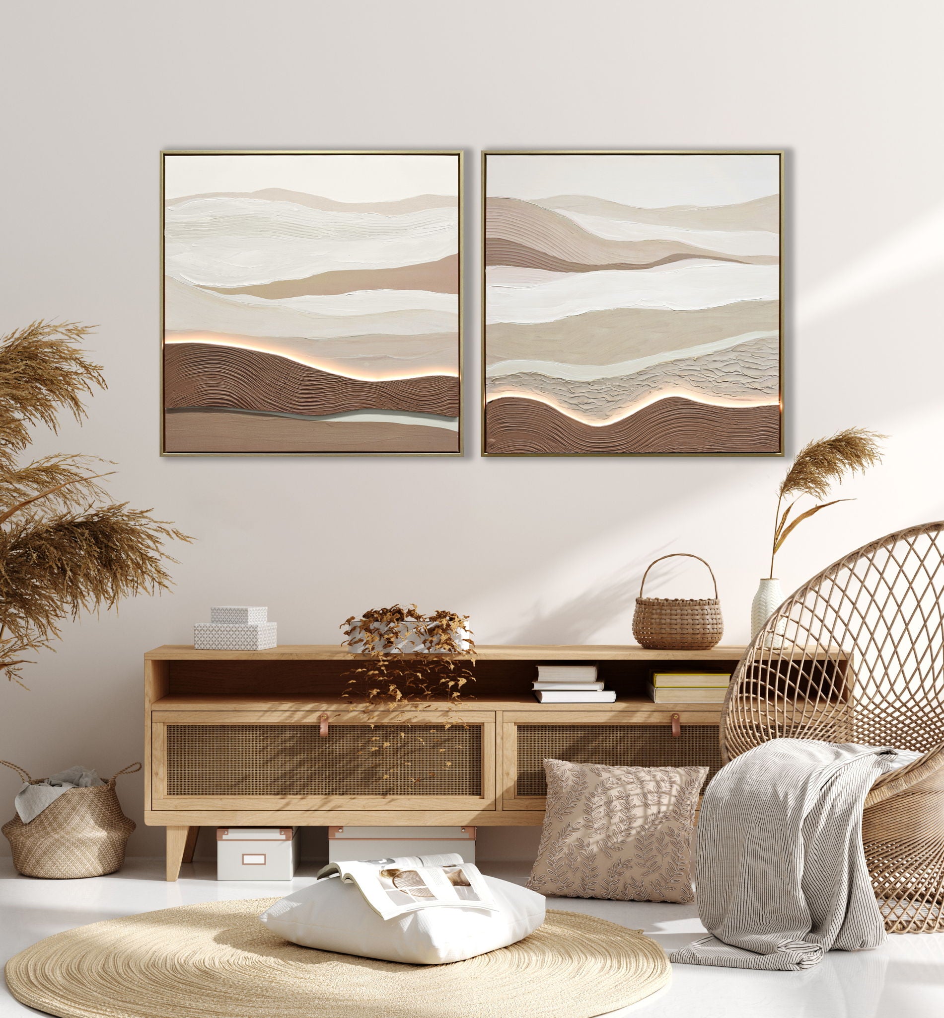 "Desert Glow II" Hand-Embellished LED In Frame - Beige / Brown / White