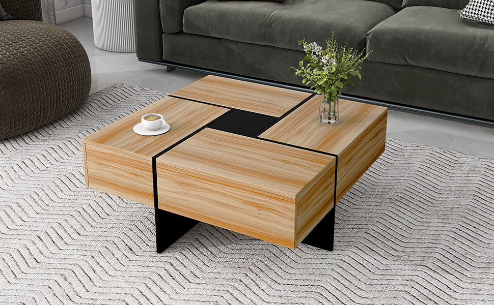 Unique Design Coffee Table with 4 Hidden Storage Compartments, Square Cocktail Table with Extendable Sliding Tabletop, UV High-gloss Design Center Table for Living Room, 31.5"x 31.5"