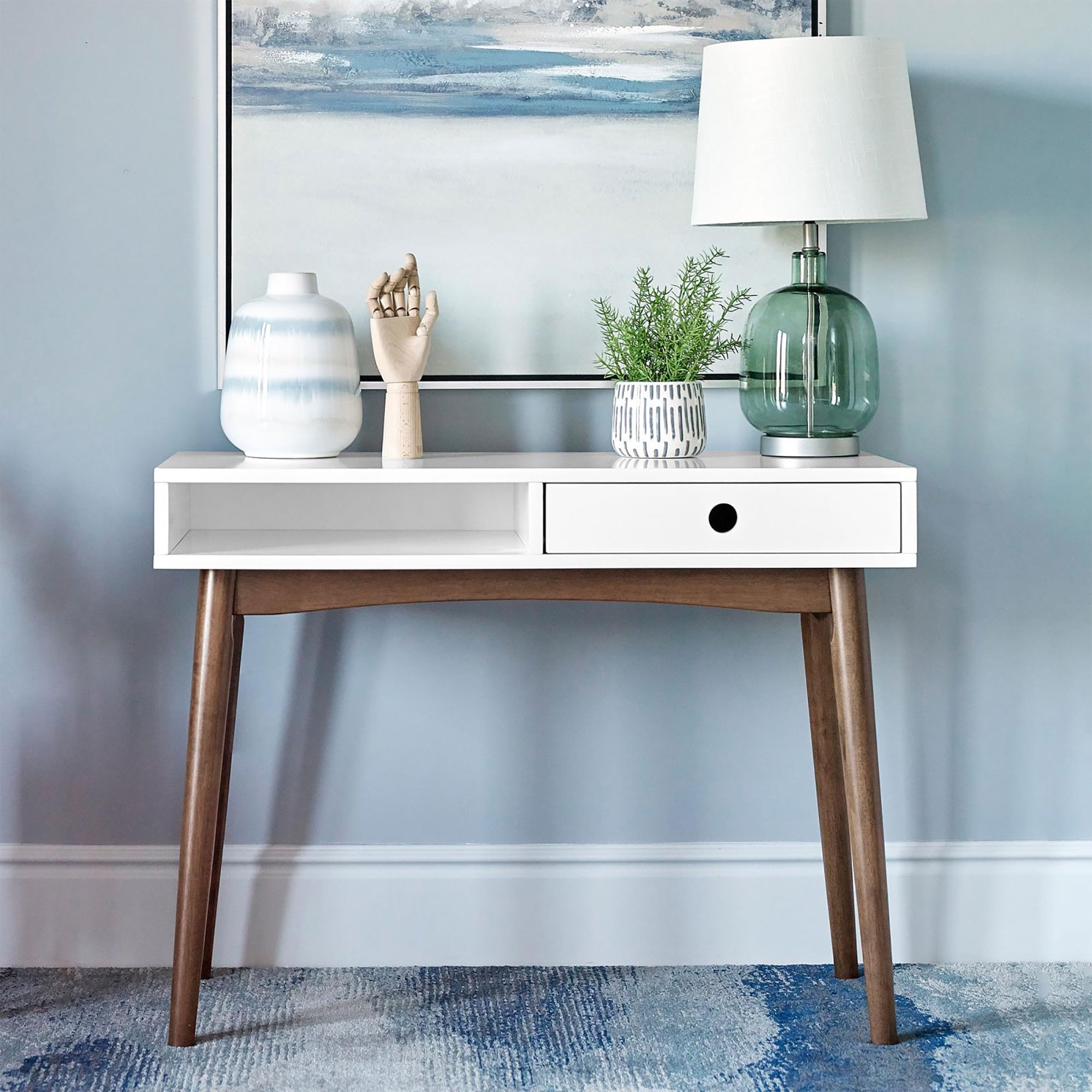 White and Walnut 1-Drawer Writing Desk