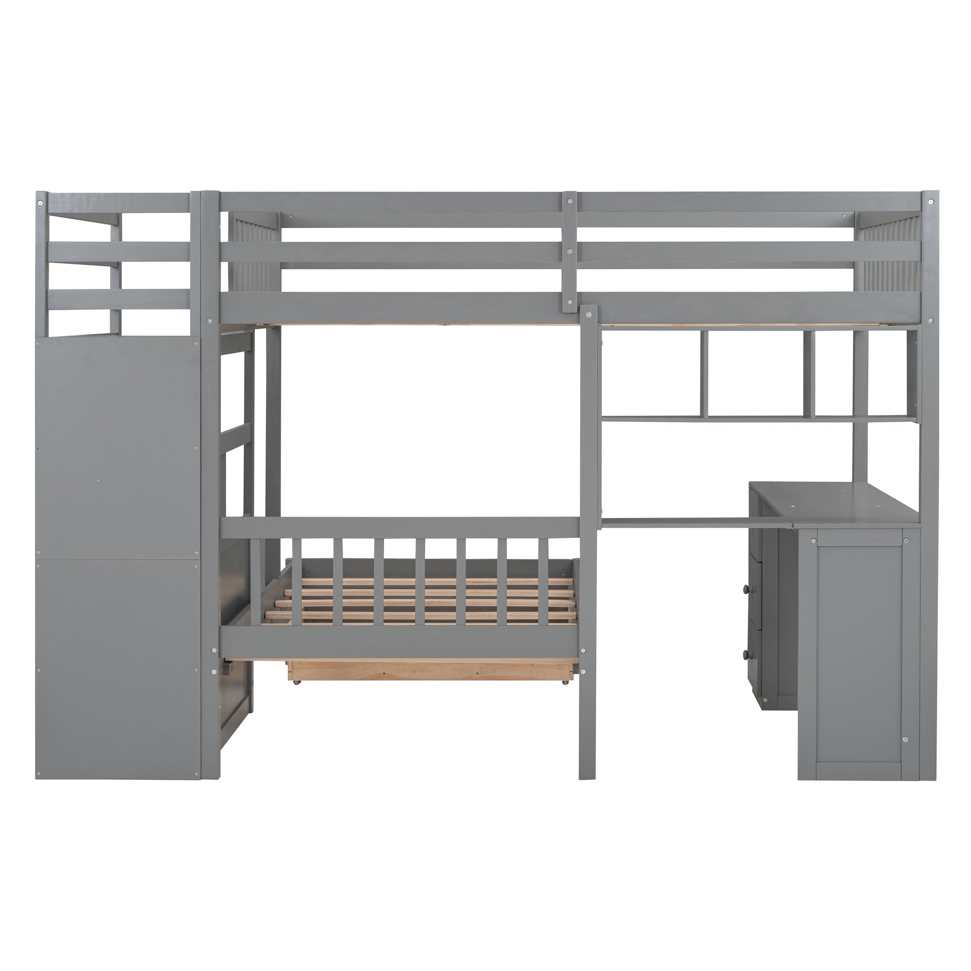 Full Over Twin Bunk Bed with Desk, Drawers and Shelves, Gray