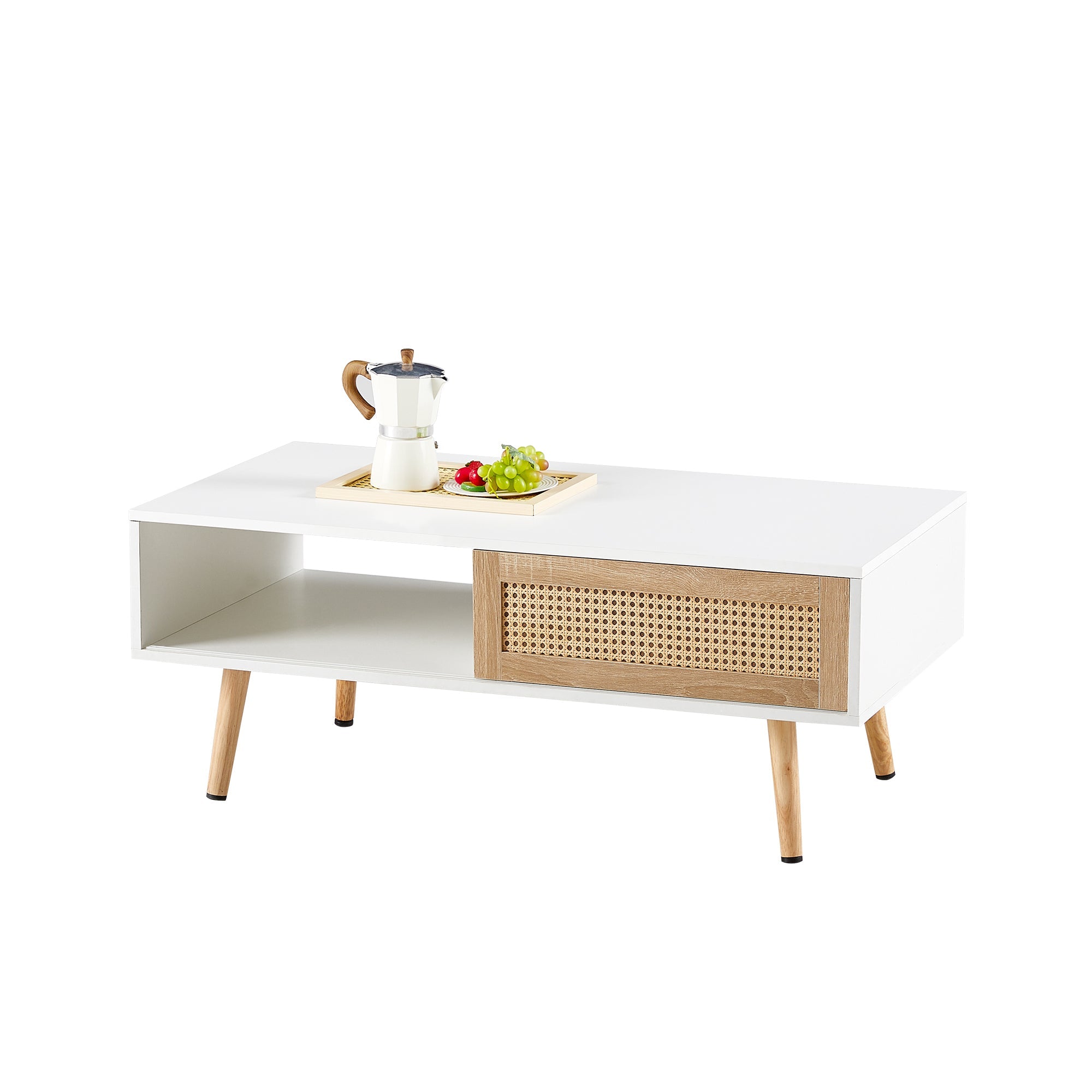 41.34" Rattan Coffee table, sliding door for storage, solid wood legs, Modern table  for living room ,White