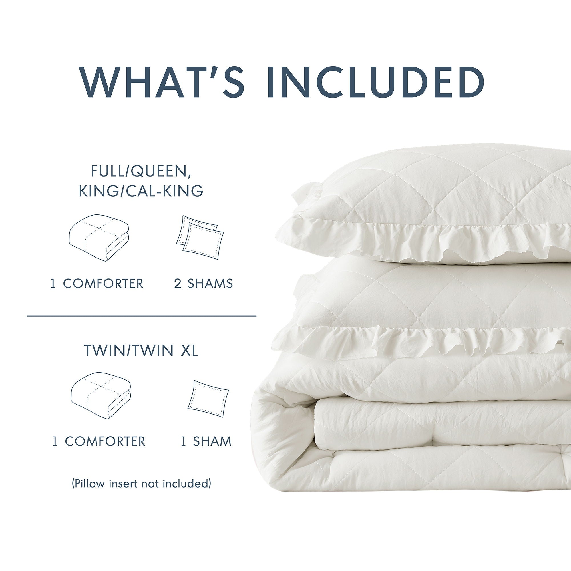 Phoebe - King/California King Diamond Quilted Ruffle Edge Comforter Set - Ivory