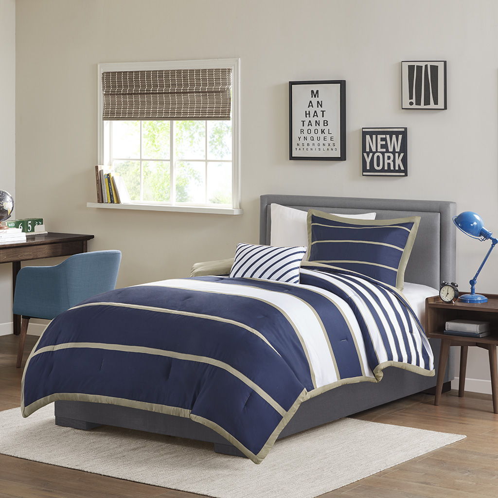 Ashton - Comforter Set - Khaki / Navy