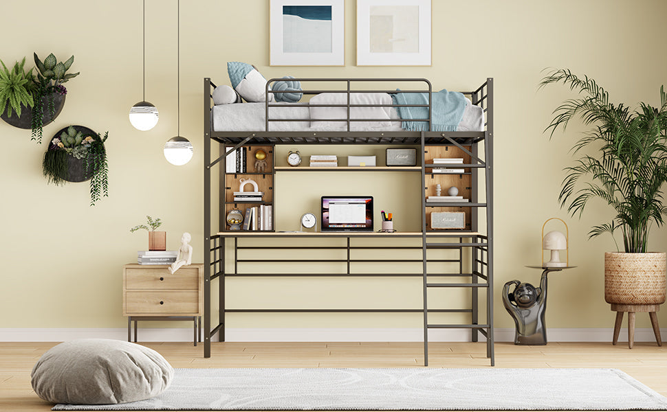 Full Size Loft Bed with Desk and Shelf , Loft Bed with Ladder,Full,Black