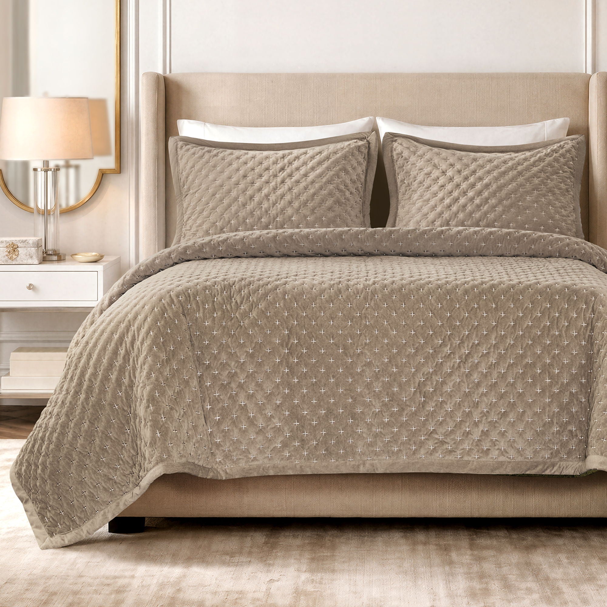 Charleston - 3 Piece King Velvet Coverlet Mini Set - Taupe
