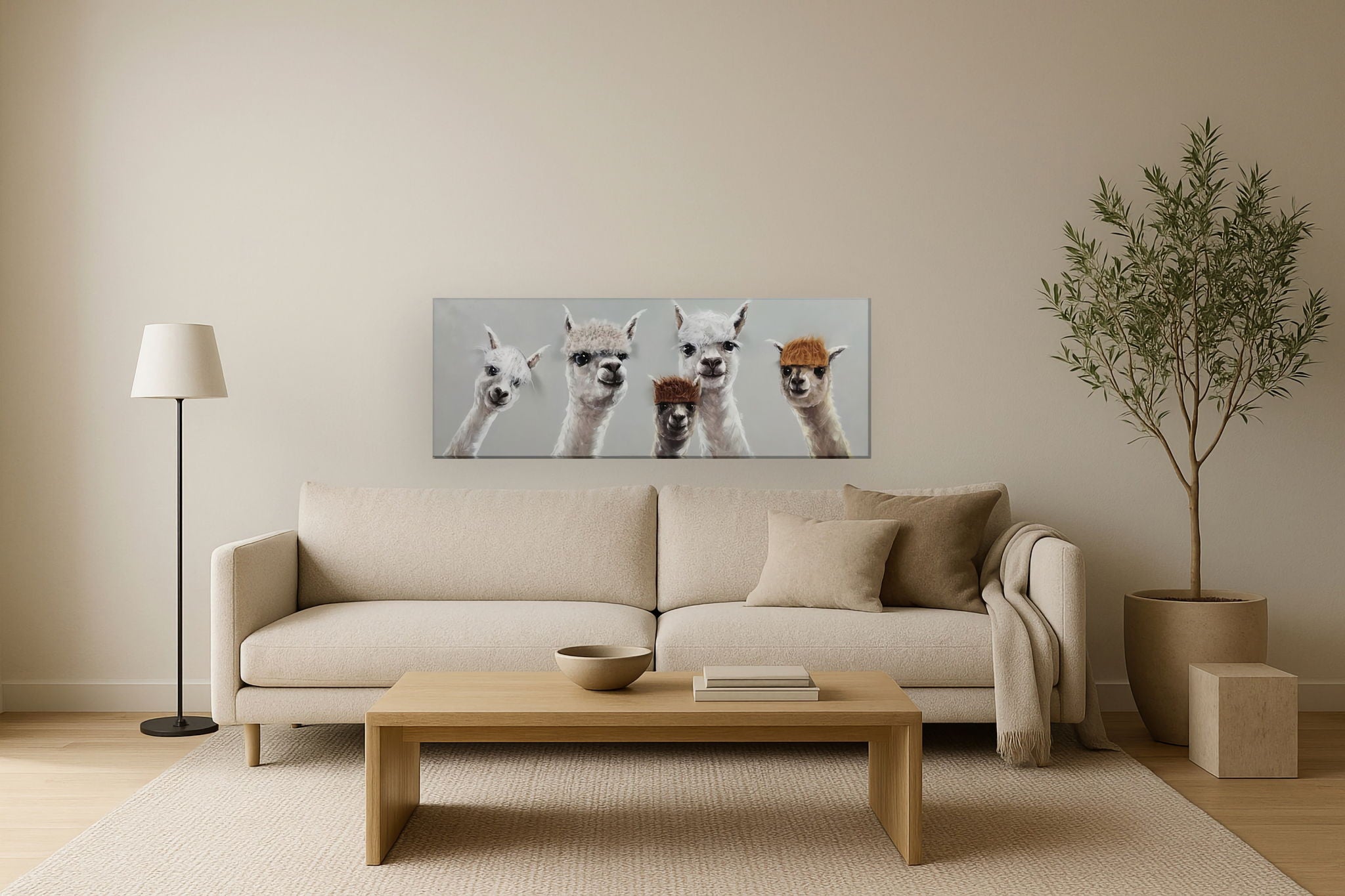 Whimsical Llama Lineup - 20" x 60" Framed Wall Art - Gray