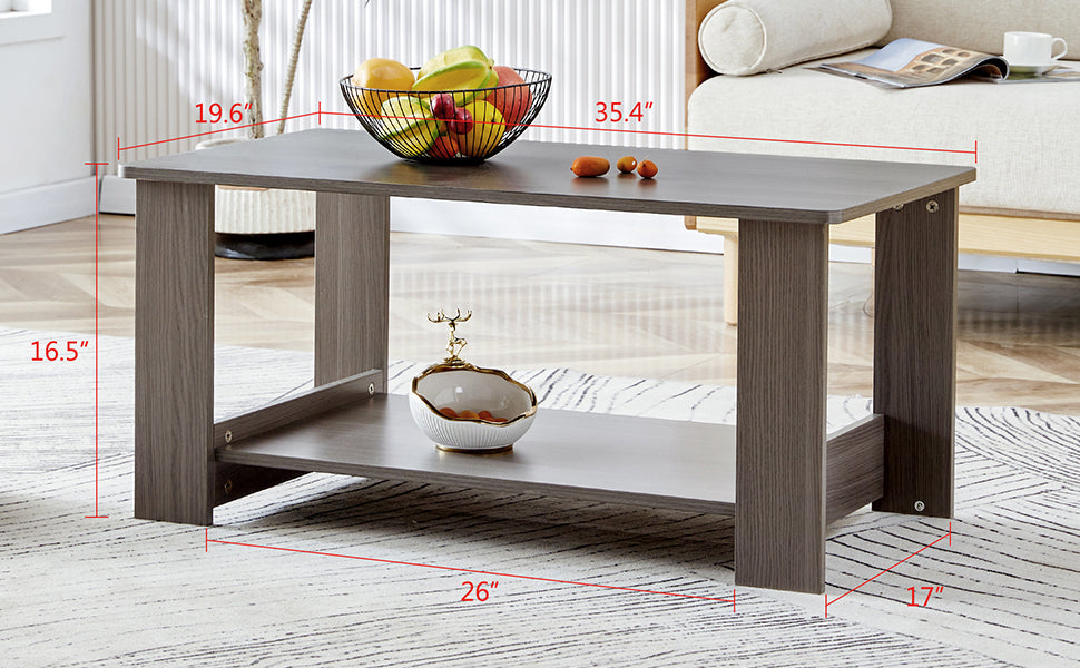 Modern minimalist gray wood grain double layered rectangular coffee table,tea table.MDF material is more durable,Suitable for living room, bedroom, and study room.19.6"*35.4"*16.5" CT-16