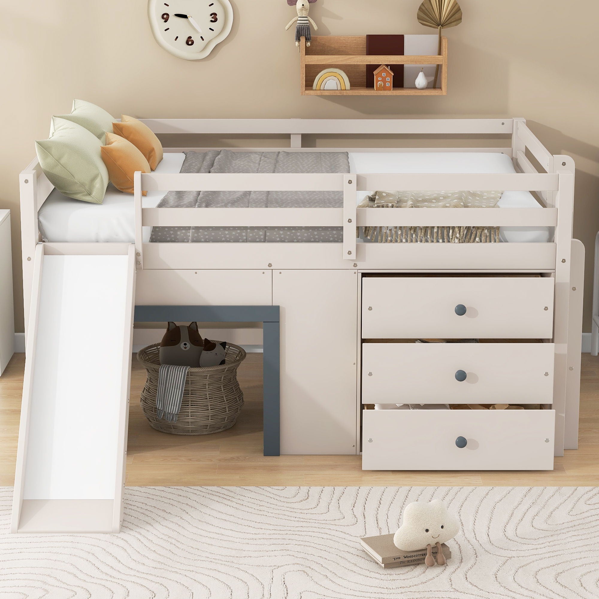 Modern Low Loft Bed With Slide, 3 Storage Drawers, And 2 Doors