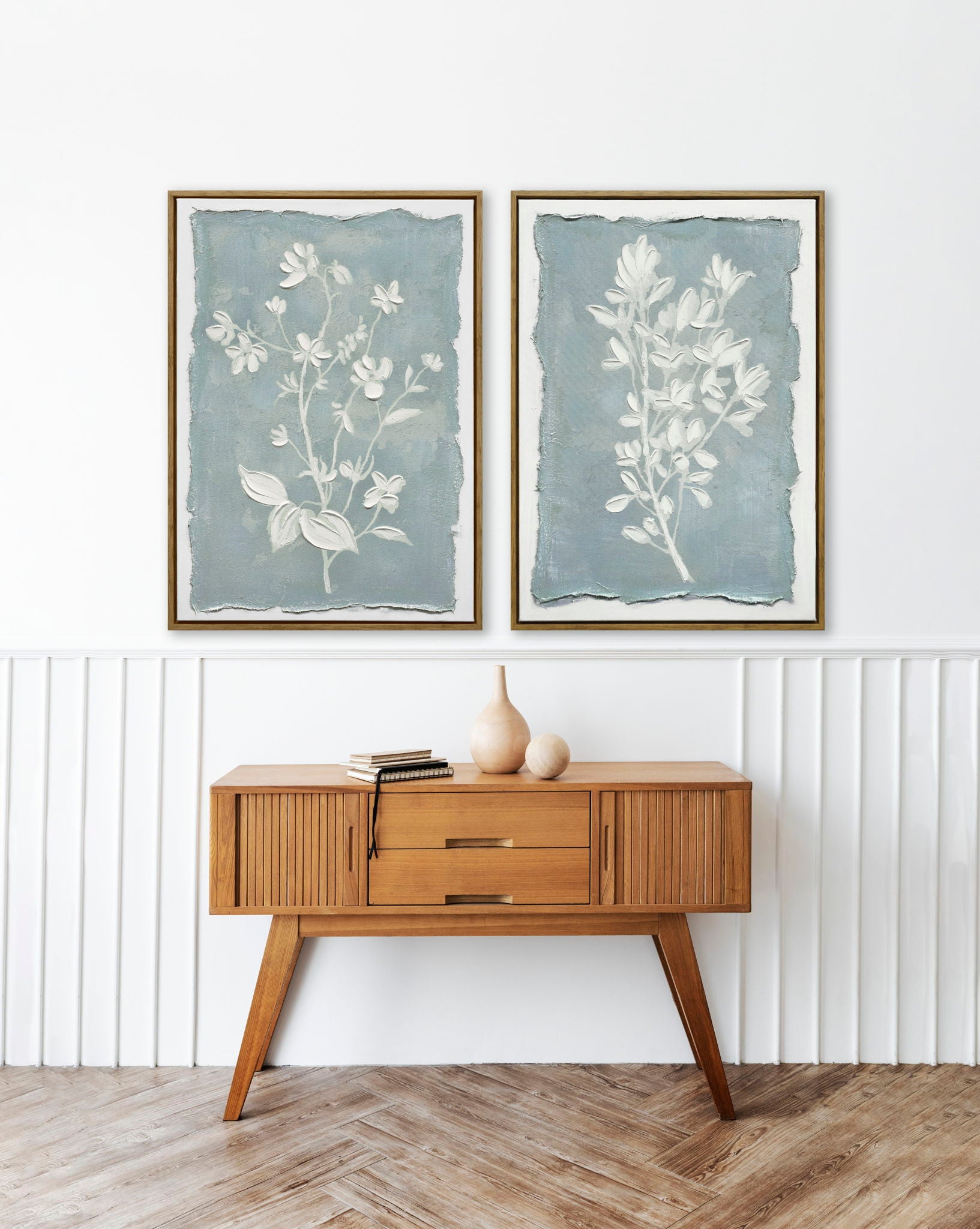 "Whispering Blooms I" Hand-Embellished Canvas In Frame - Blue / White