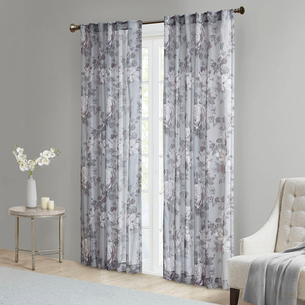 Printed Floral Rod Pocket and Back Tab Voile Sheer Curtain