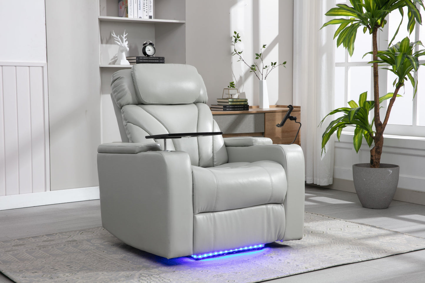 Power Motion Recliner with USB Charging Port and Hidden Arm Storage, Home Theater Seating with Convenient Cup Holder Design ,and stereo(light grey)