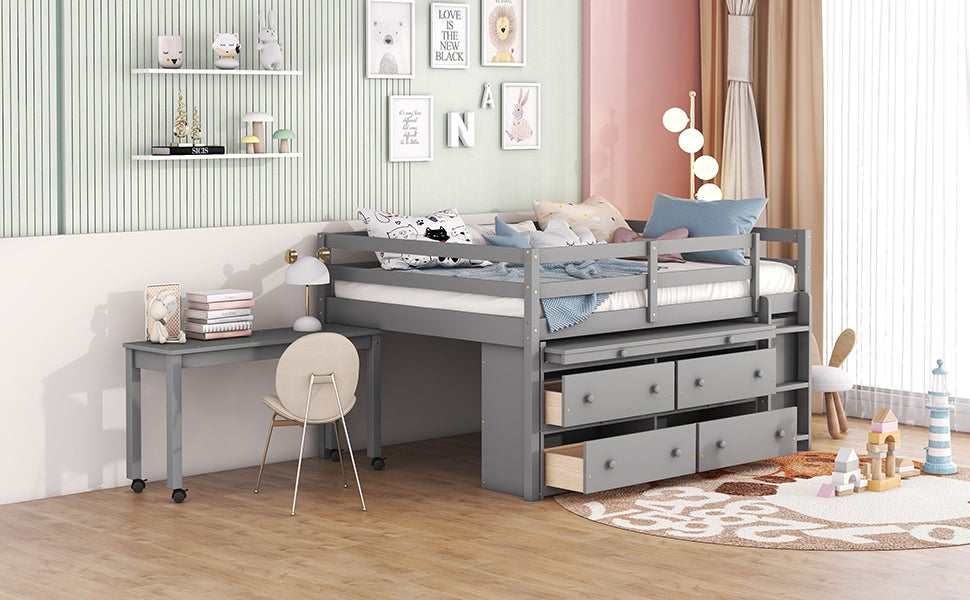 Full Size Loft Bed with Retractable Writing Desk and 4 Drawers, Wooden Loft Bed with Lateral Portable Desk and Shelves, Gray