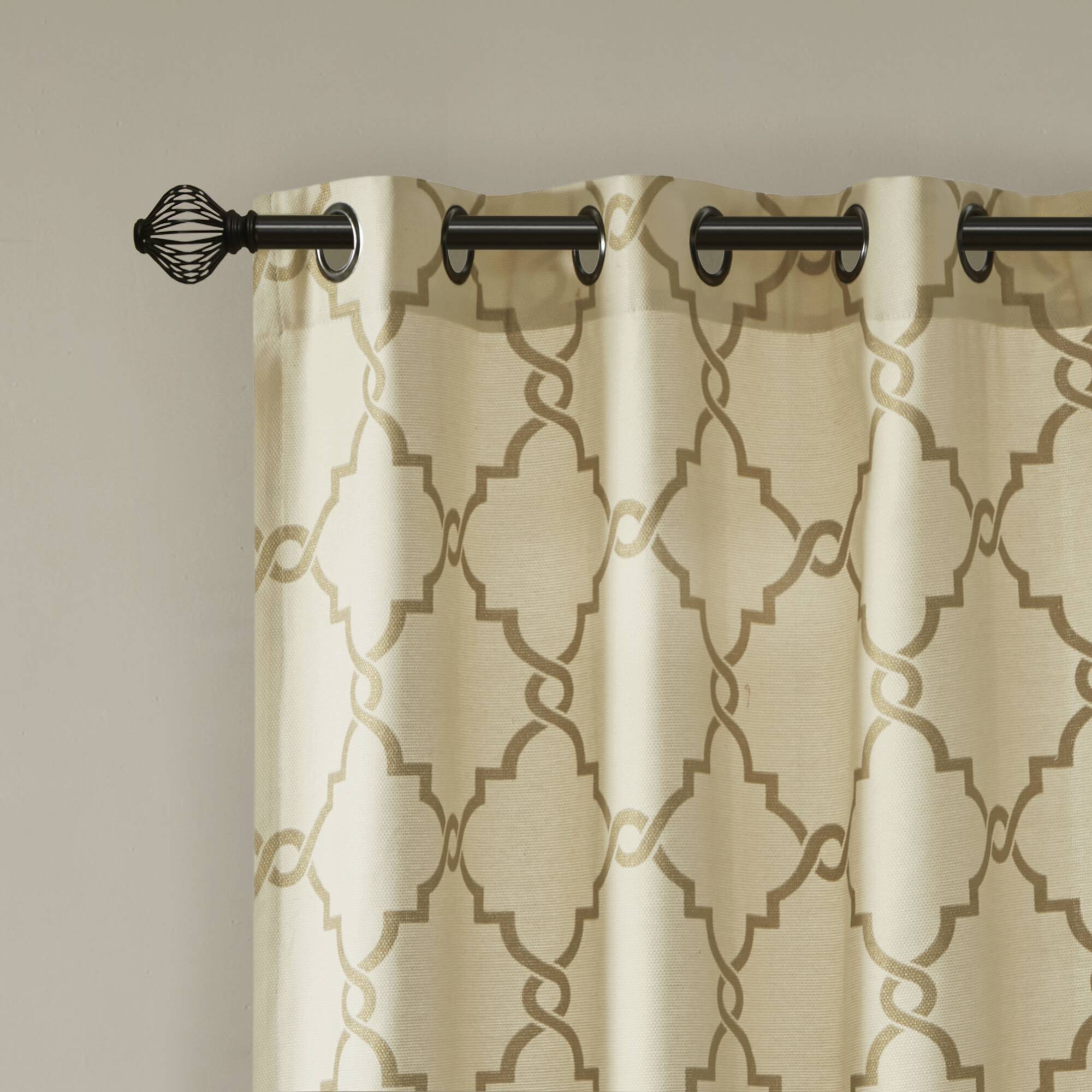 Saratoga - 108" Fretwork Print Grommet Top Window Curtain - Beige / Gold