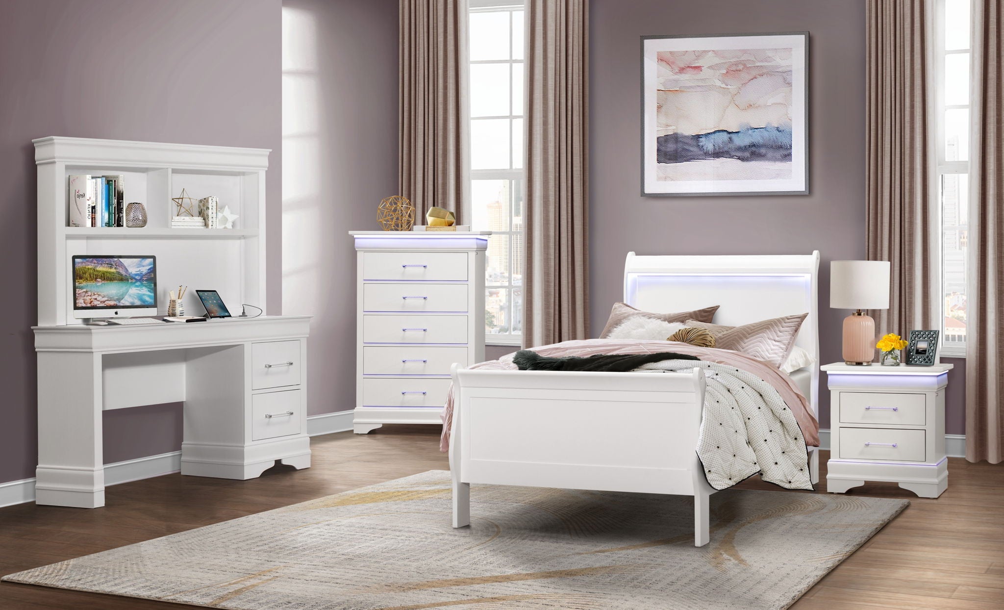 Charlie - Twin Bed With LED Headboard & Footboard - White
