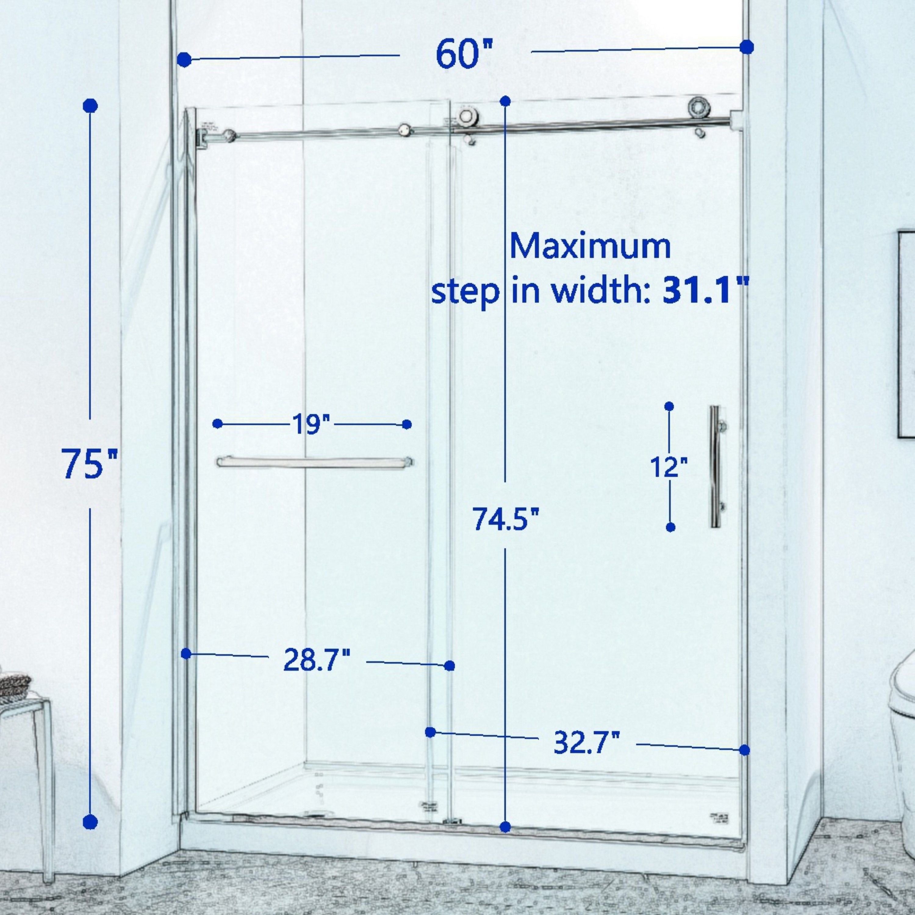 Semi-Frame Single Sliding Shower Door, 304 Stainless Steel, 5 / 16" (8Mm) Thick Sgcc Tempered Clear Glass