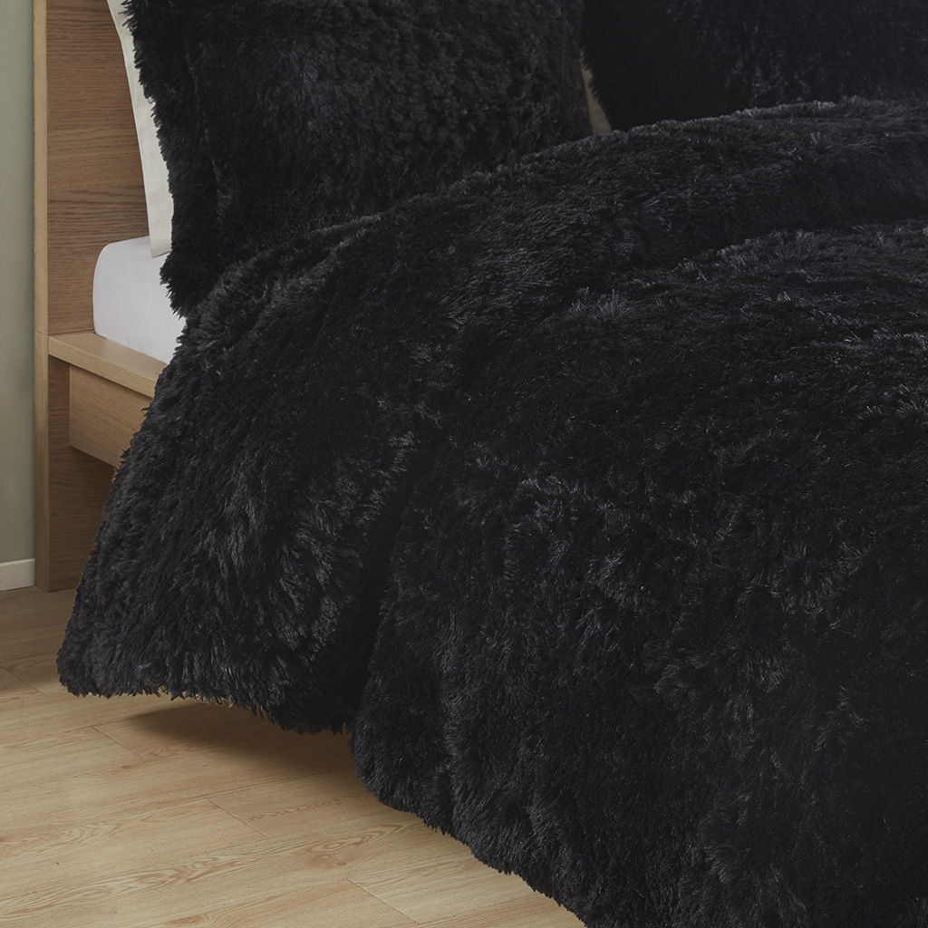 Malea - Twin Shaggy Long Comforter Mini Set - Black