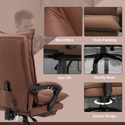 Executive Massage Office Chair with 6 Vibration Points, Microfiber Computer Desk Chair, Heated Reclining Chair with Footrest, Armrest, Double Padding, Brown