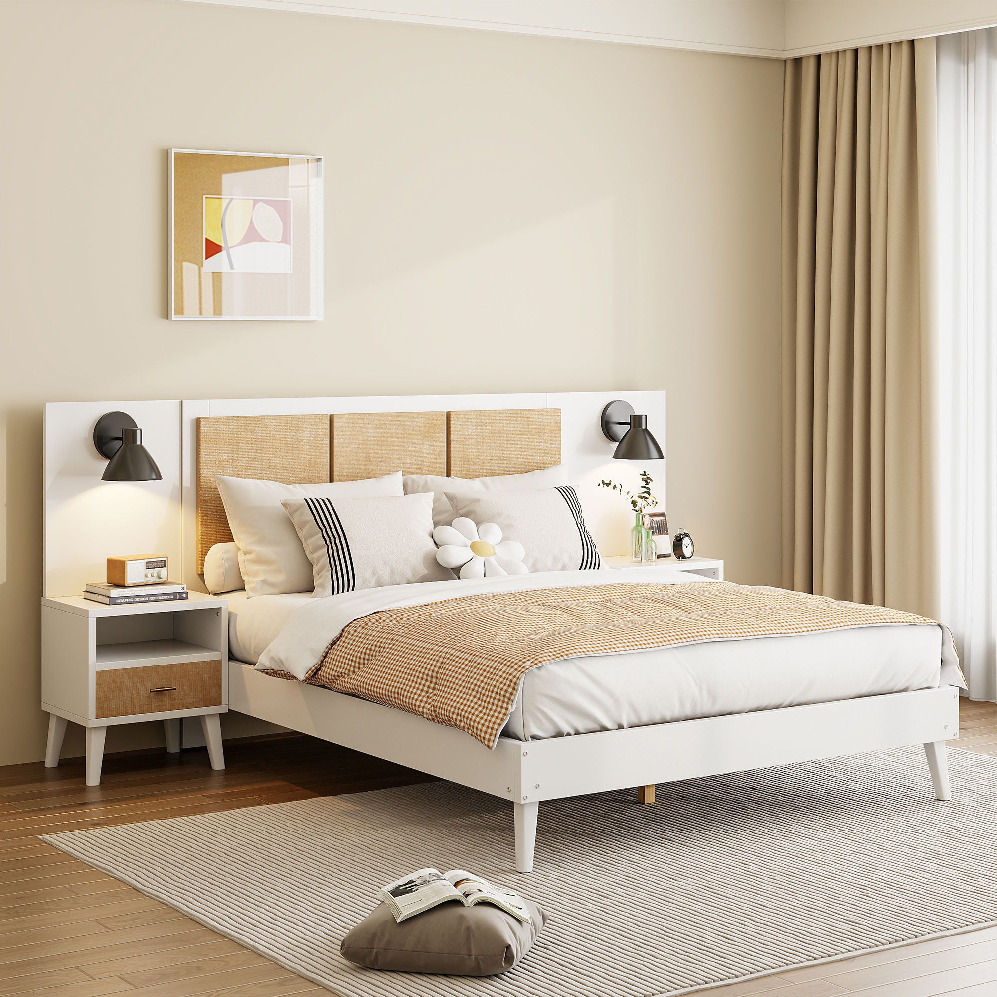 Solid Wood Bed Frame With 2 Nightstands, Elegant Design With Lamps, Rattan And Wood Combination