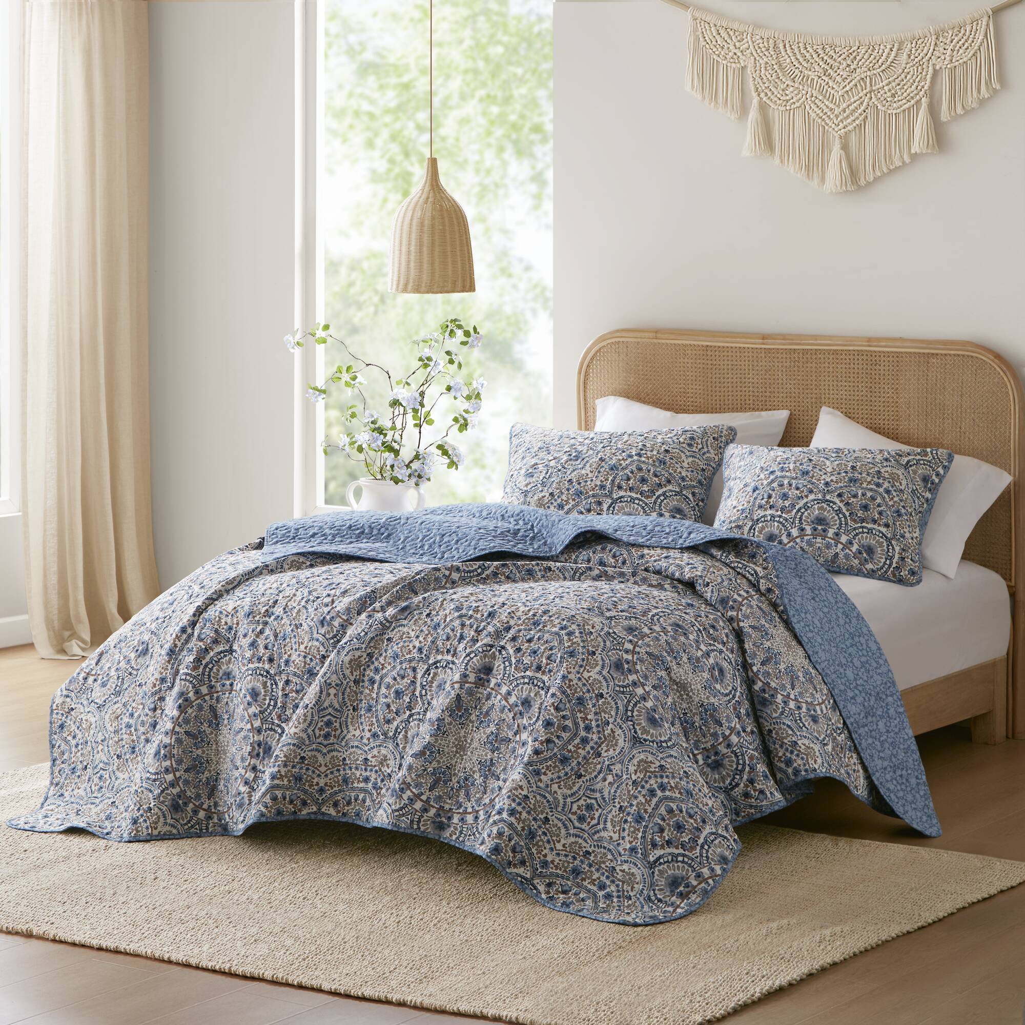 Valerie - Twin Boho Floral Reversible Quilt - Blue