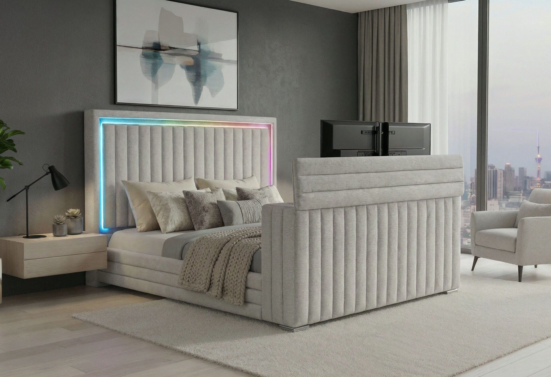 Elias - Queen Bed Footboard With TV Lift And Fireplace - Gray