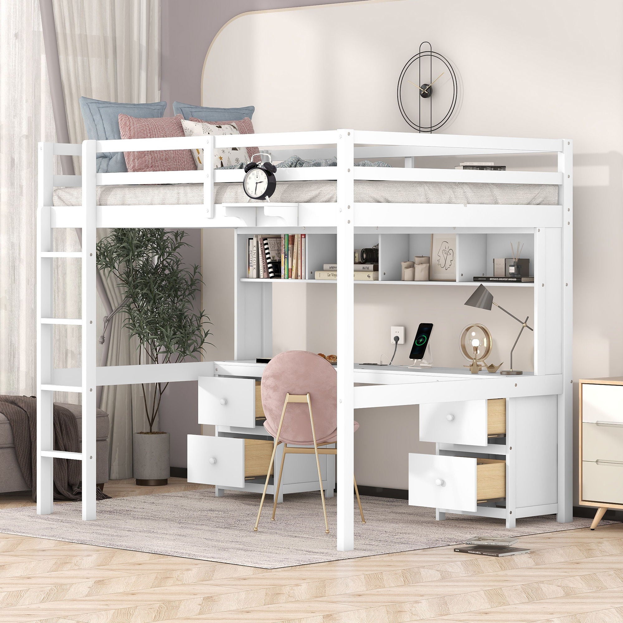 Full Size Loft Bed With Desk, Cabinets, Drawers, Charging Station And Bedside Tray, Sturdy Frame, No Box Spring Required - White