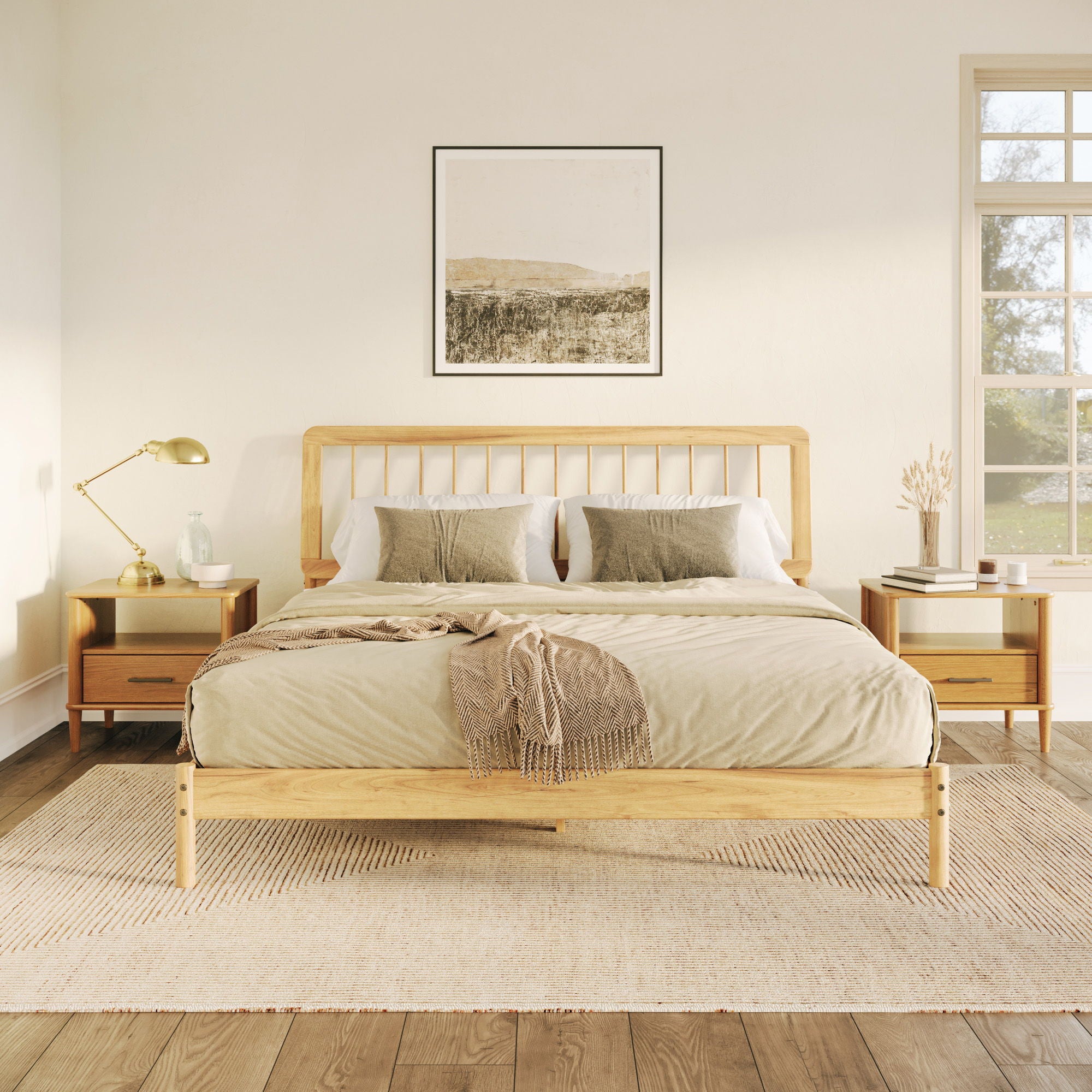 Mid-Century Modern Solid Wood Spindle Bed