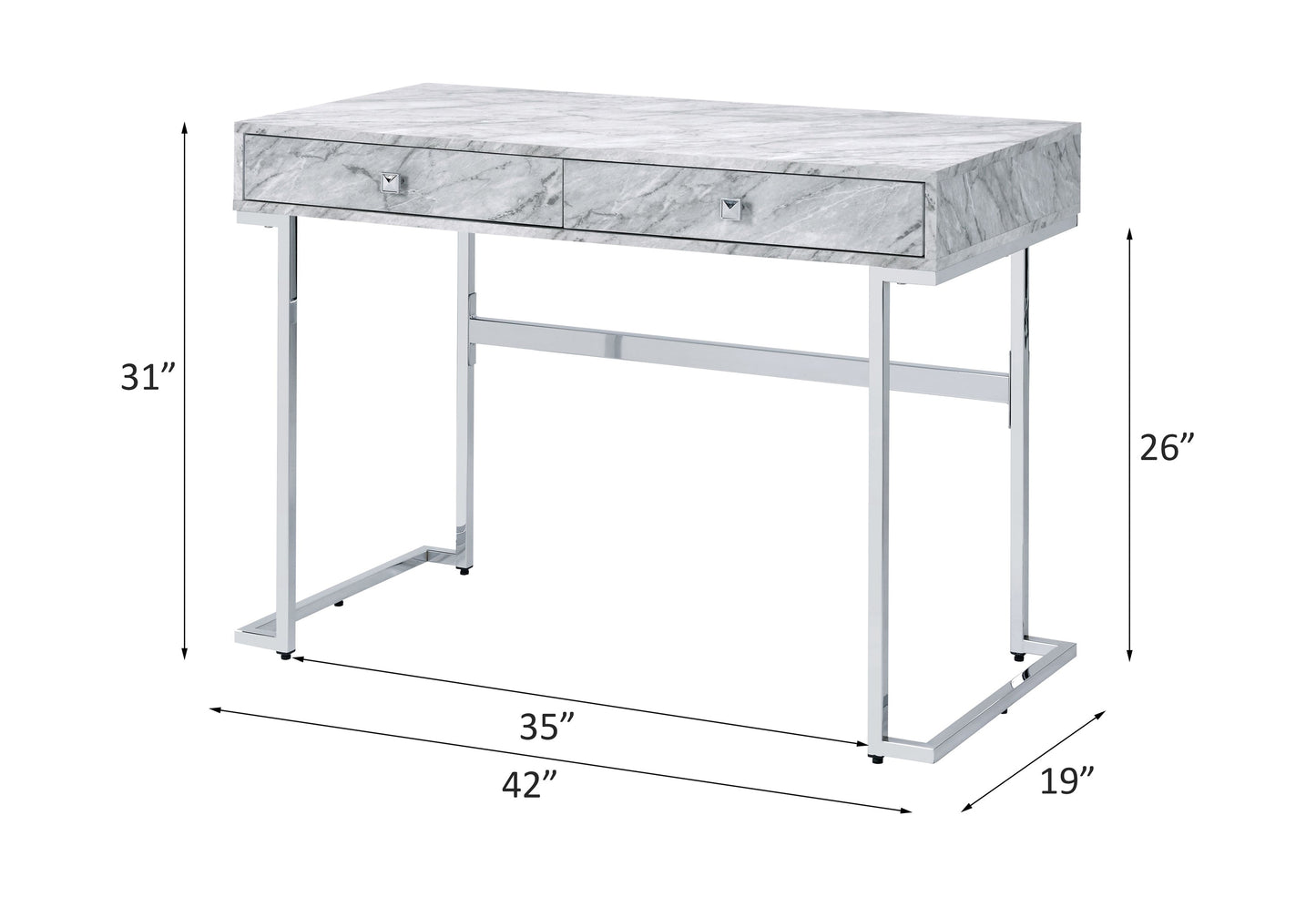 ACME Tigress Writing Desk, White Printed Faux Marble & Chrome Finish 92615