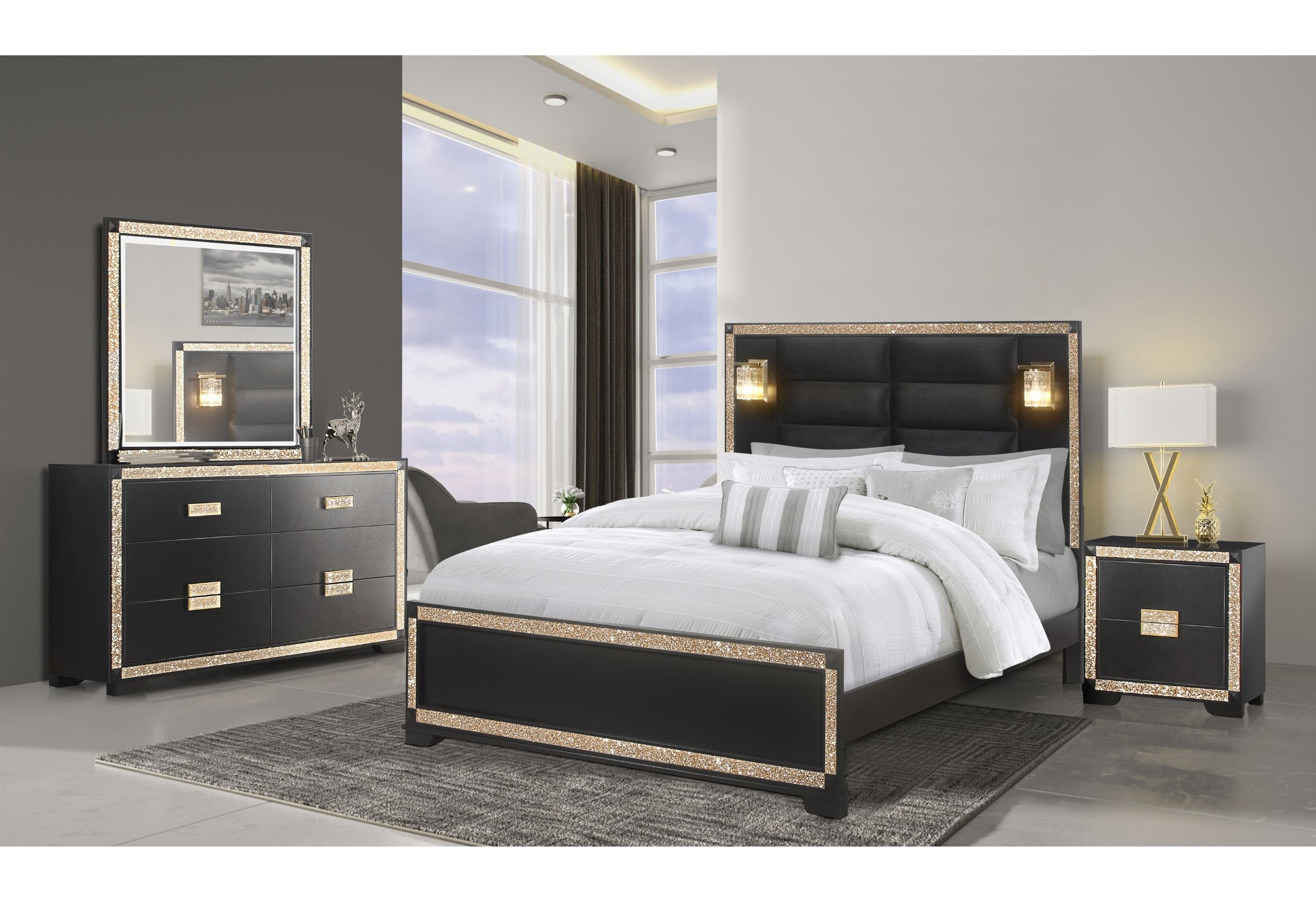 Blake - 5 Piece Full Bedroom Set With Lamps - Black / Gold