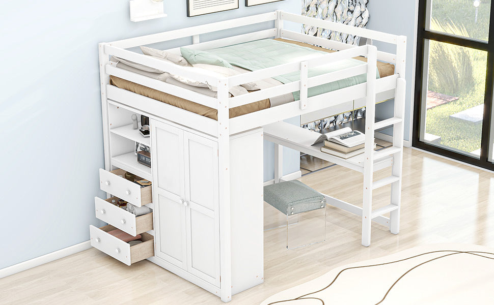 Wood Full Size Loft Bed with Built-in Wardrobe, Desk, Storage Shelves and Drawers, White