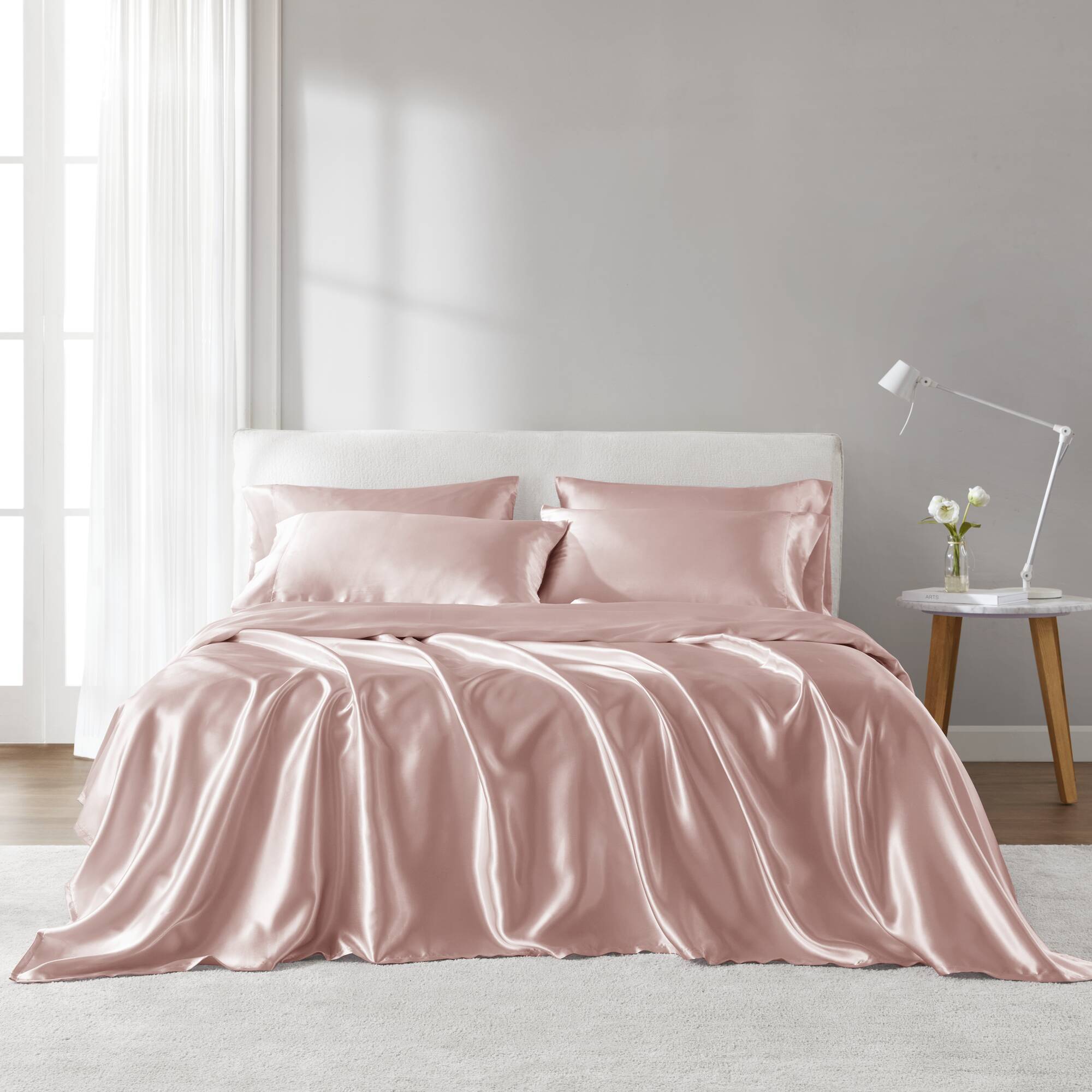 Satin - Wrinkle - California King Free Luxurious 6 Piece Sheet Set - Blush