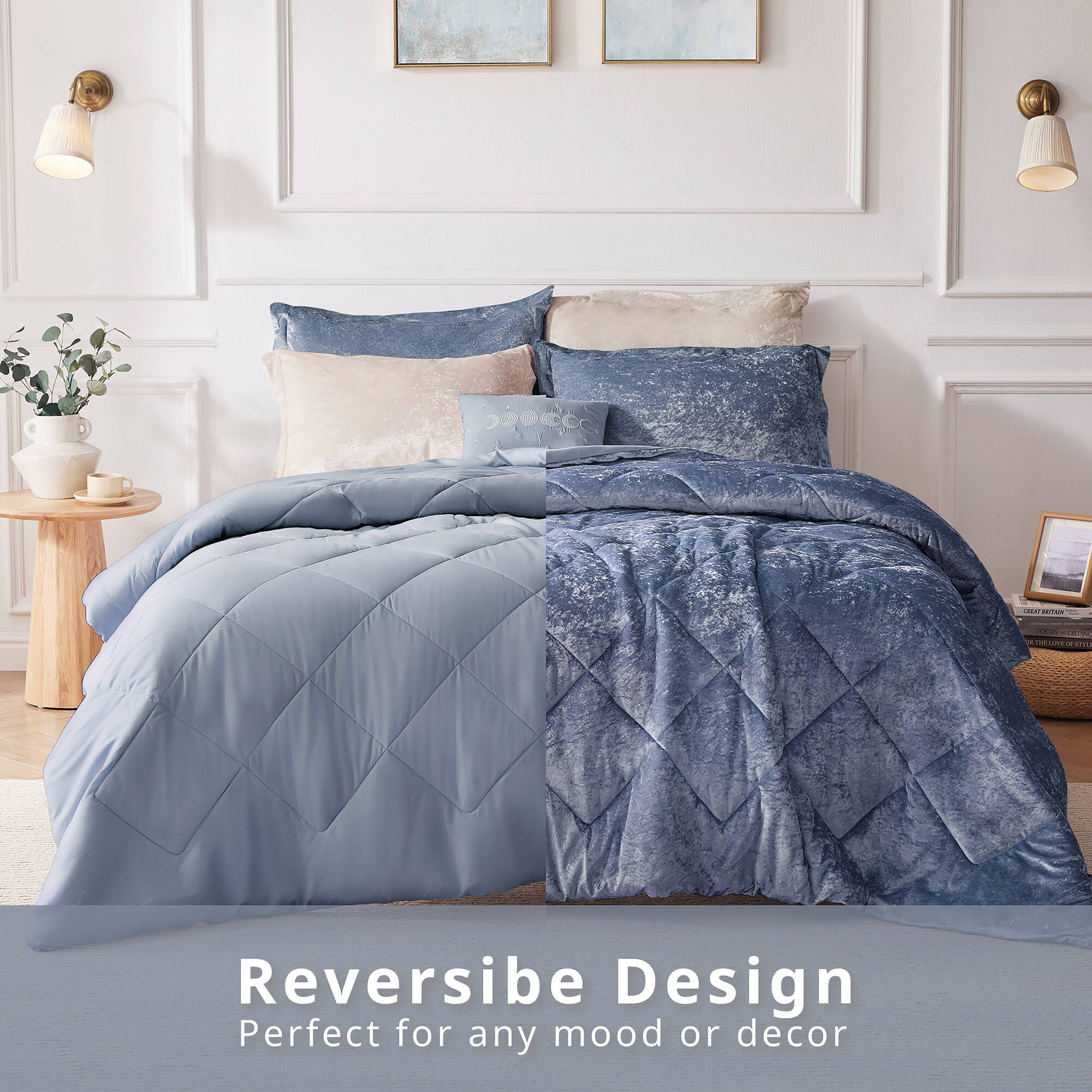 Felicia - Velvet King Comforter Set With Throw Pillow - Blue