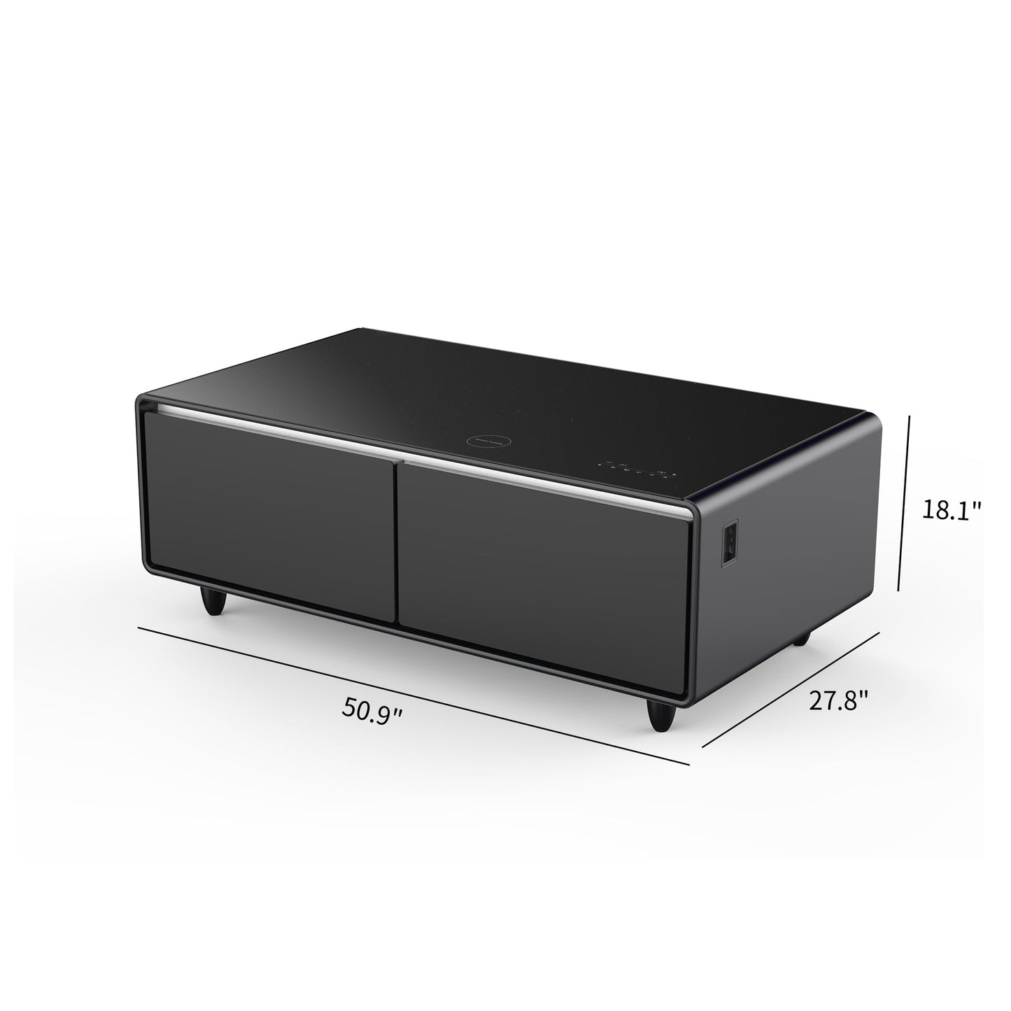 Modern Smart Coffee Table with Built-in Fridge, Bluetooth Speaker, Wireless Charging Module, Touch Control Panel, Power Socket, USB Interface, Outlet Protection, Atmosphere light, Black