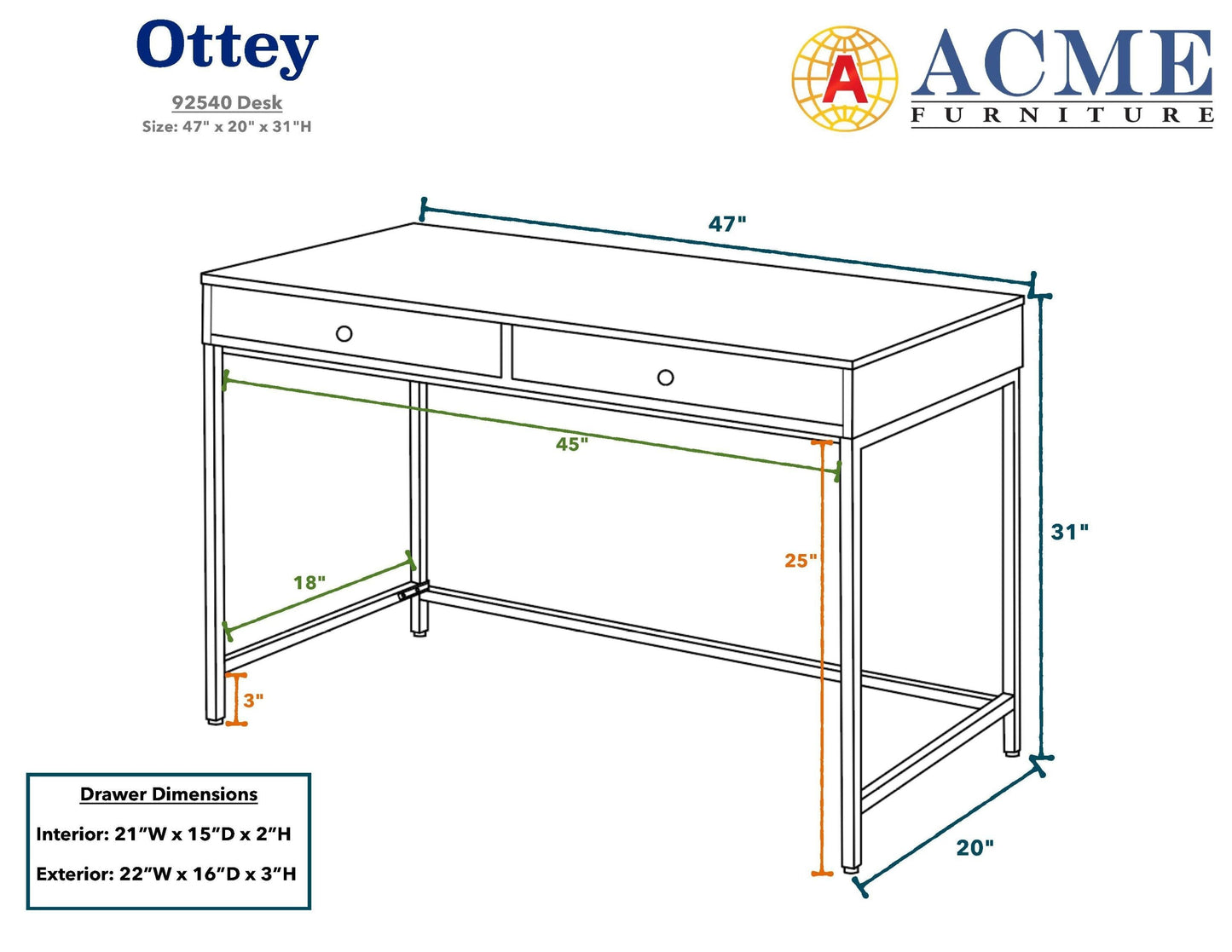 ACME Ottey Desk in White High Gloss & Gold 92540