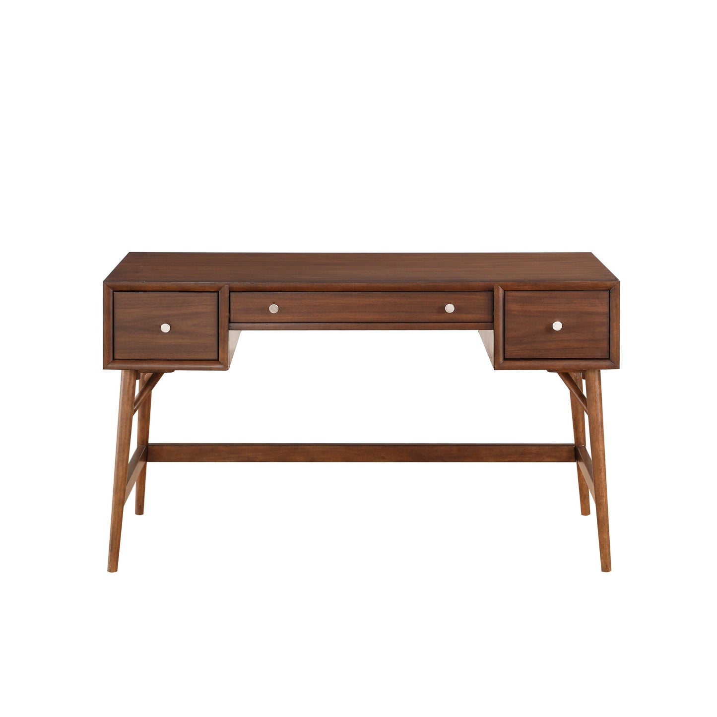 Brown Finish Stylish Writing Desk Storage Drawers Nickel Knob Hardware Walnut Veneer Wood Furniture