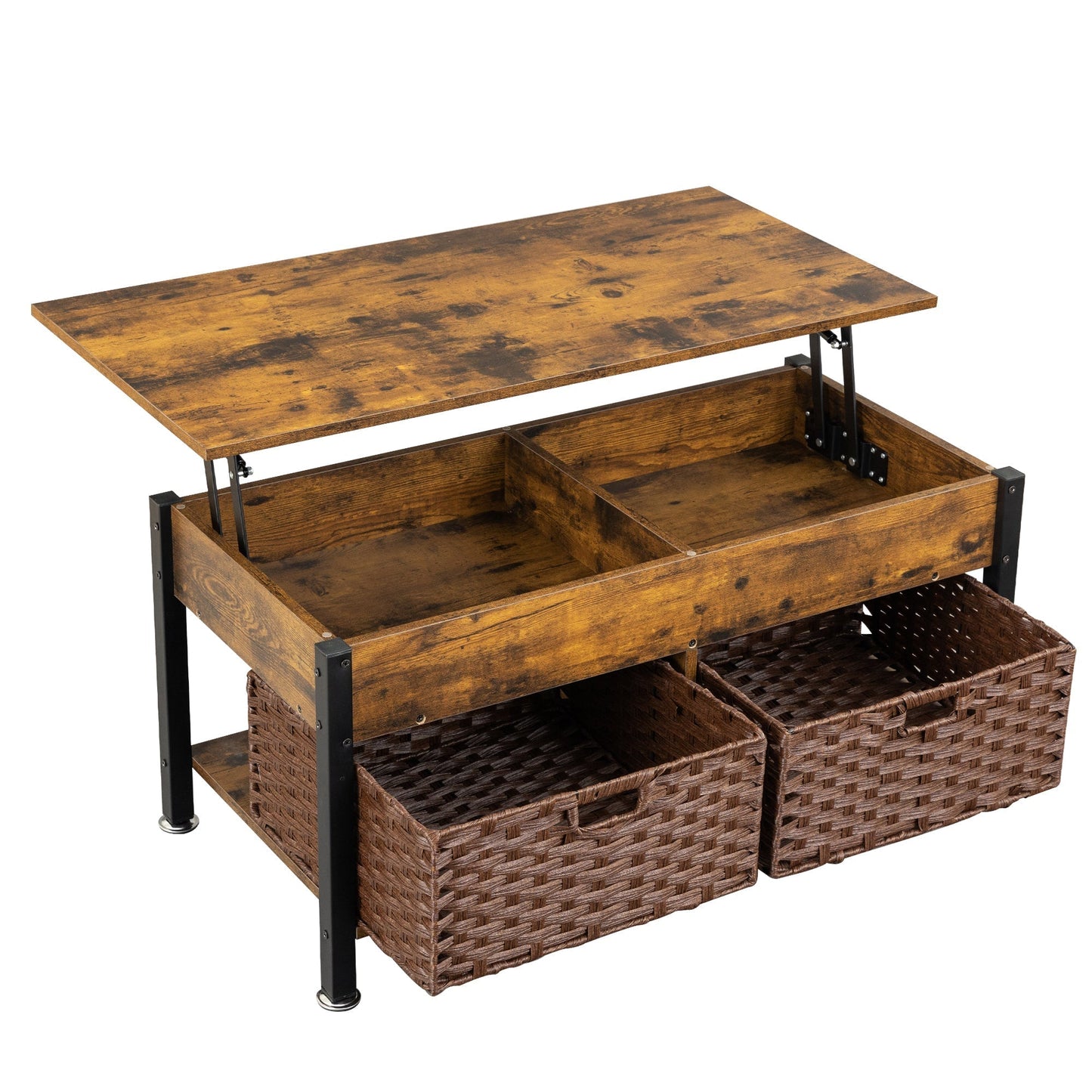 Metal coffee table,desk,with a lifting table,and hidden storage space.There were two removable wicker baskets that could be placed in any space such as the living room,color:brown with fire wood grain