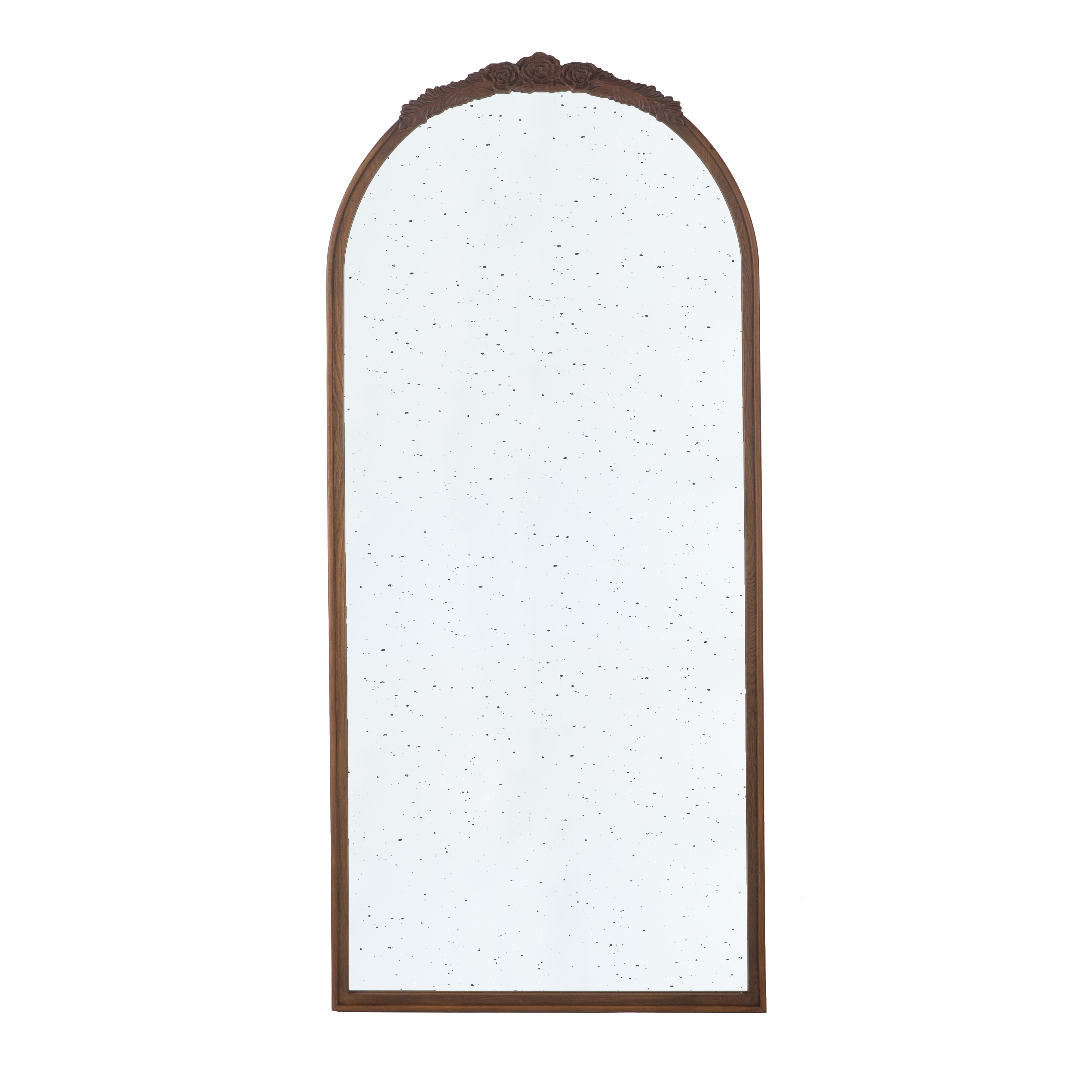 Hand Carved Rose Antique Mirror Frame, Large Arch Mirror Wall Decor For Living Room, Bathroom, Entryway - Brown