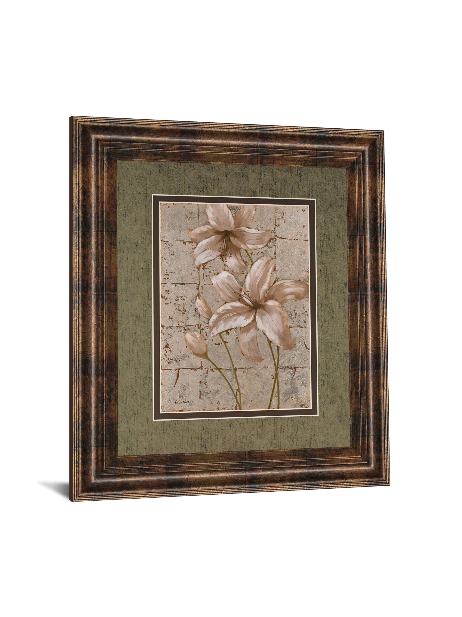 Lilies On Silver Il By Vivian Flasch - Framed Print Wall Art - Light Brown