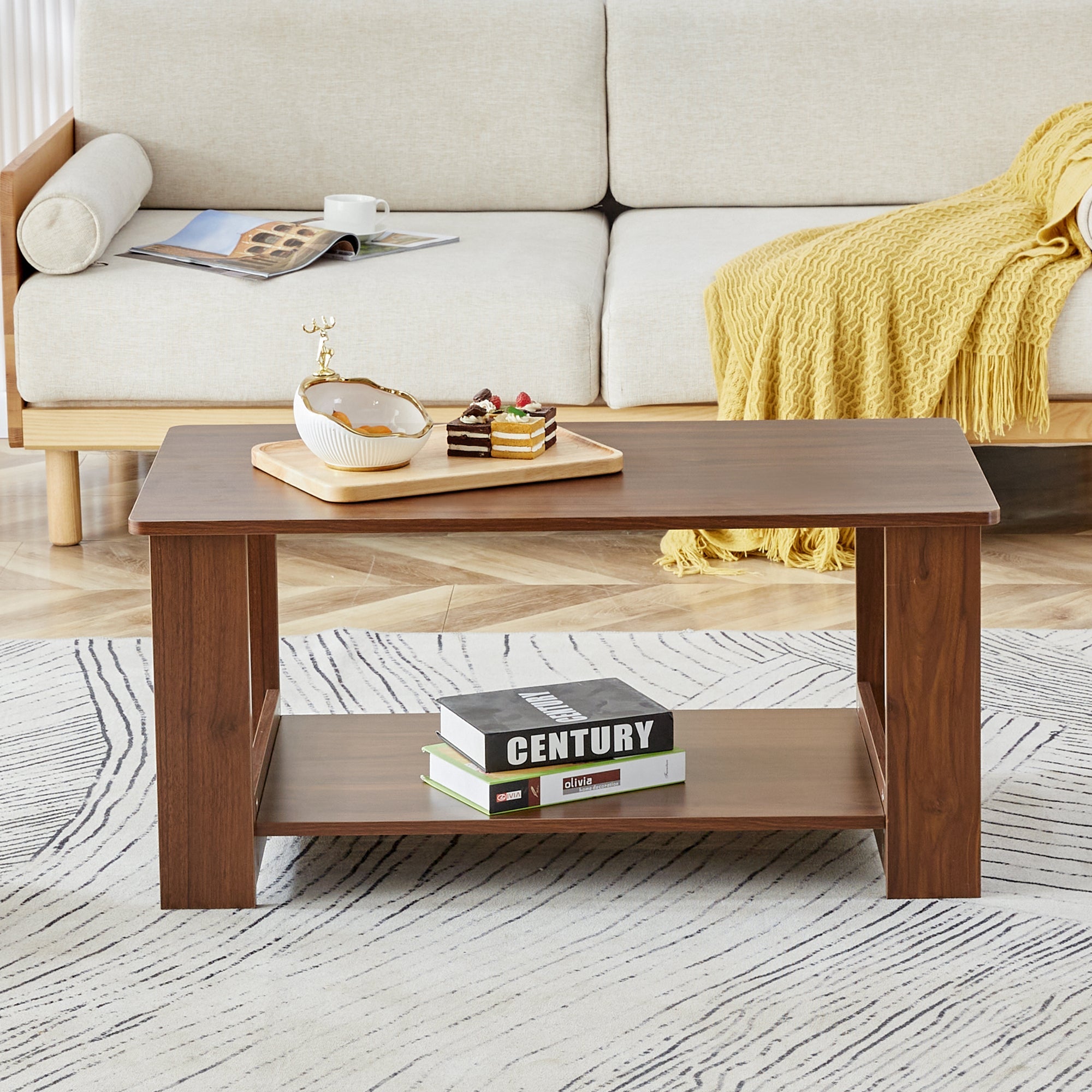 Modern minimalist walnut colored double layered rectangular coffee table ,tea table.MDF material is more durable,Suitable for living room, bedroom, and study room.19.6"*35.4"*16.5"  CT-16