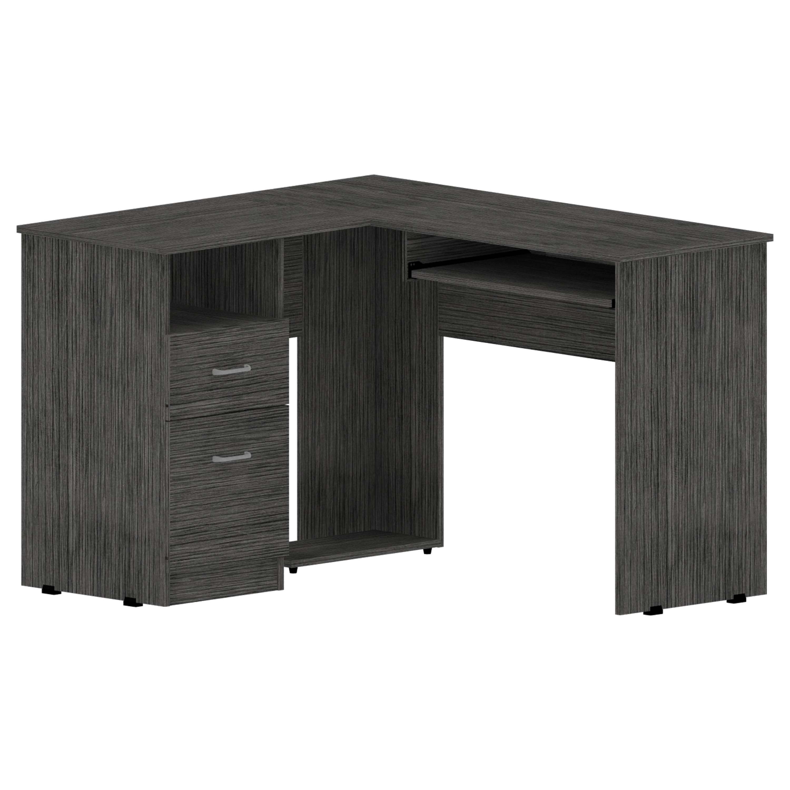 DEPOT E-SHOP Idra L-Shaped Desk, Keyboard Tray, Two Drawers, One Open Shelf, Smokey Oak