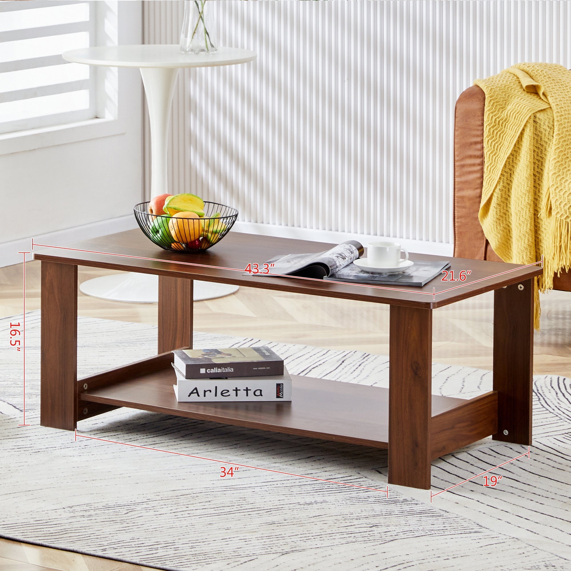 Modern and practical walnut textured coffee tables , tea tables. The double layered coffee table is made of MDF material. Suitable for living room  43.3"*21.6"*16.5"  CT-16