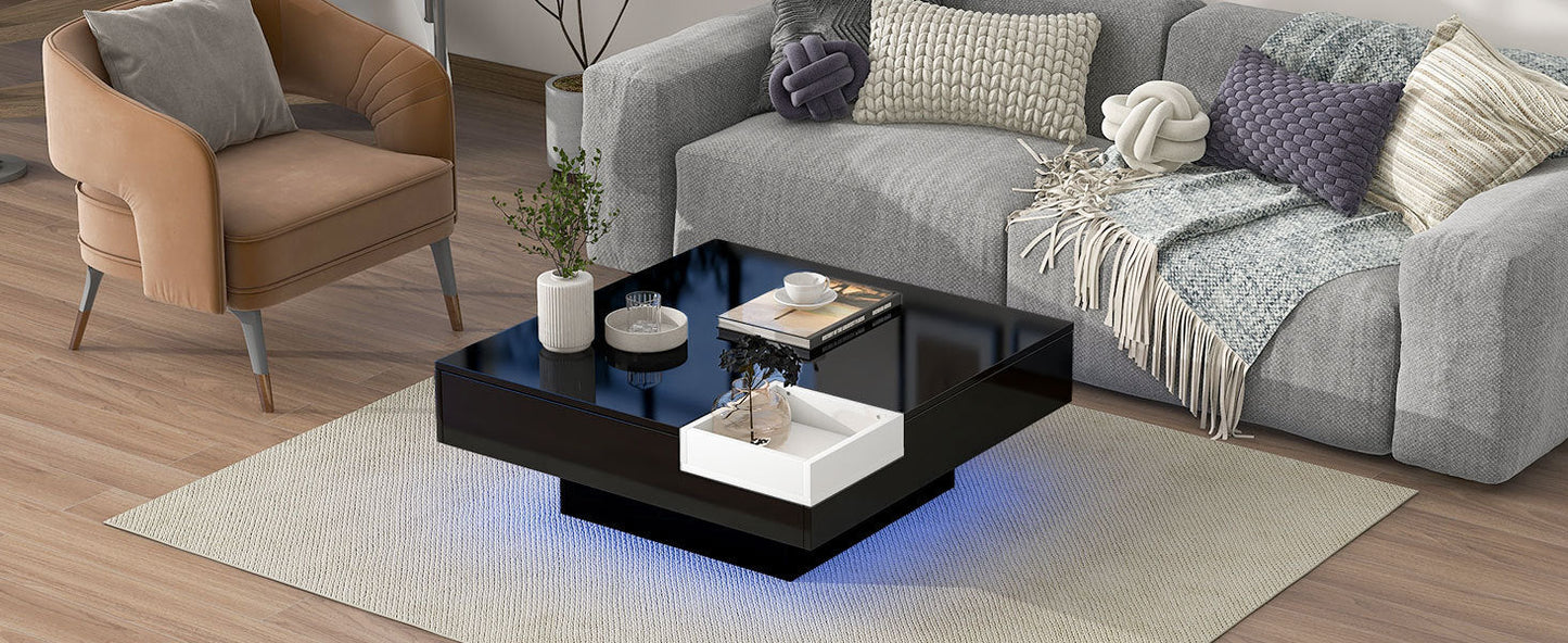 Modern Minimalist Design 31.5*31.5in Square Coffee Table with Detachable Tray and Plug-in 16-color LED Strip Lights Remote Control for Living Room (OLD SKU: WF291303AAB )