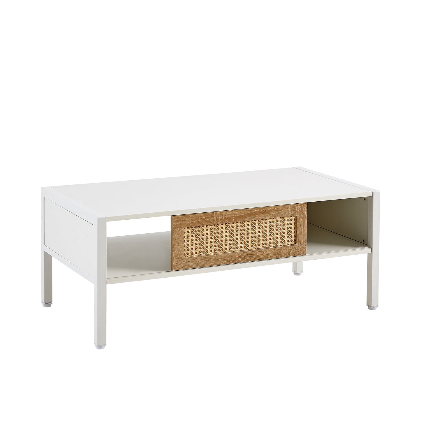 40.16" Rattan Coffee table, sliding door for storage, metal legs, Modern table  for living room , white