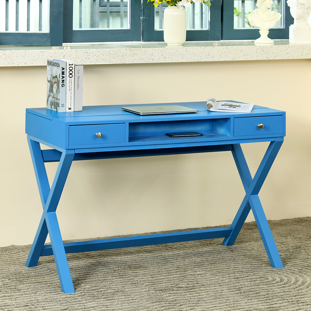 Lift Desk with 2 Drawer Storage, Computer Desk with Lift Table Top, Adjustable Height Table for Home Office, Living Room,BLUE