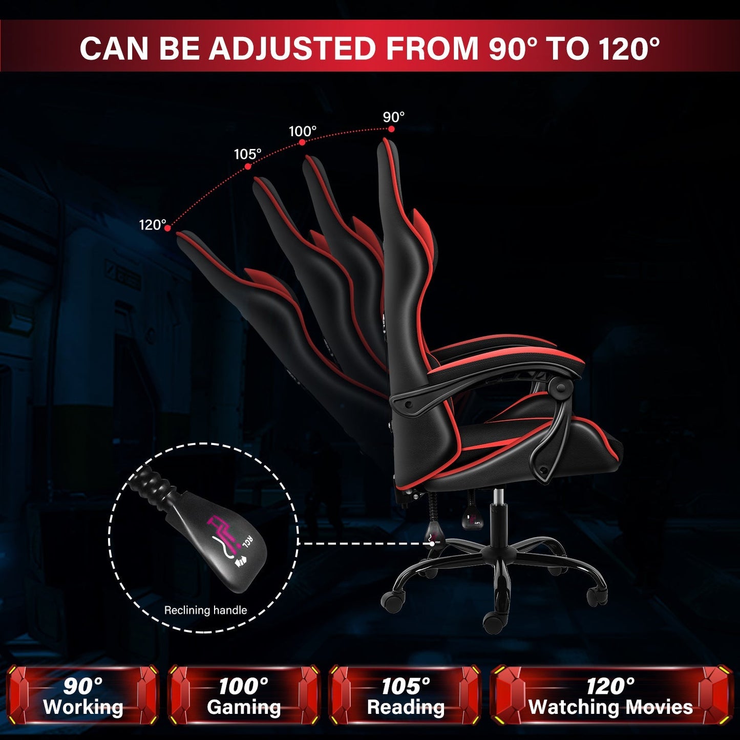 YSSOA Racing Video Backrest and Seat Height Recliner Gaming Office High Back Computer Ergonomic Adjustable Swivel Chair, Without footrest, Black/Red