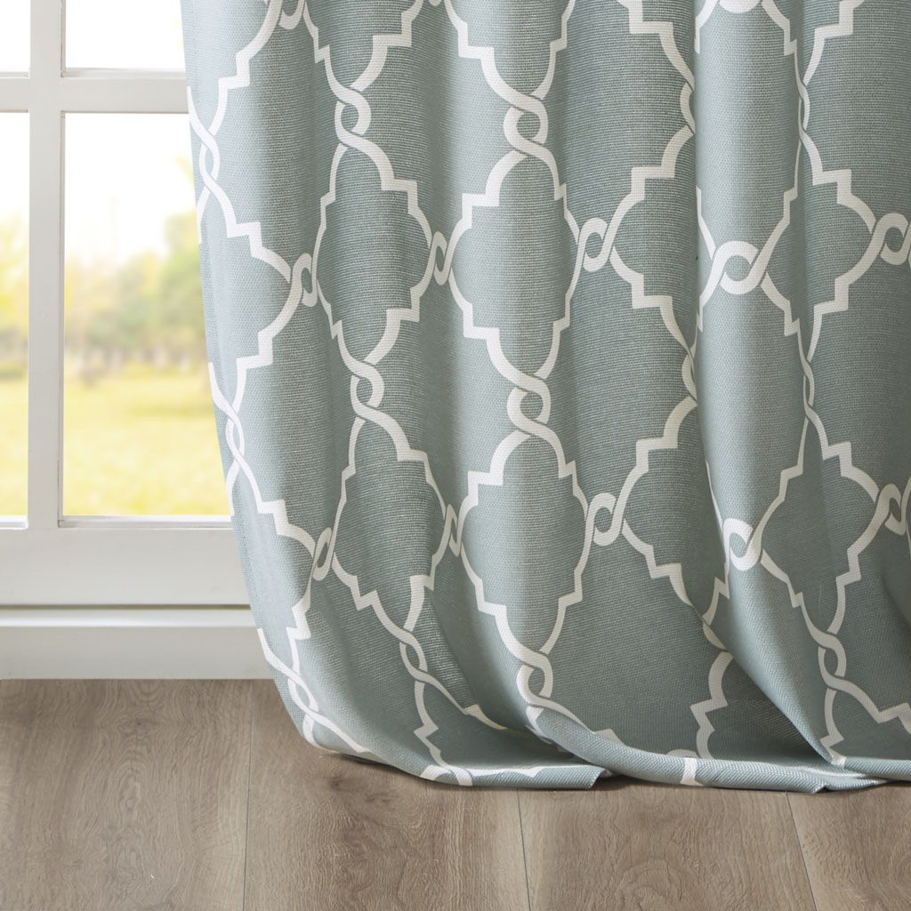 Saratoga - 108" Fretwork Print Grommet Top Window Curtain - Seafoam