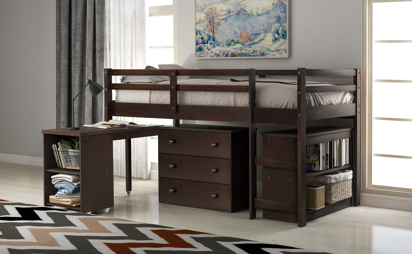 Low Study Twin Loft Bed with Cabinet and Rolling Portable Desk - Espresso (OLD SKU :LP000113AAP)